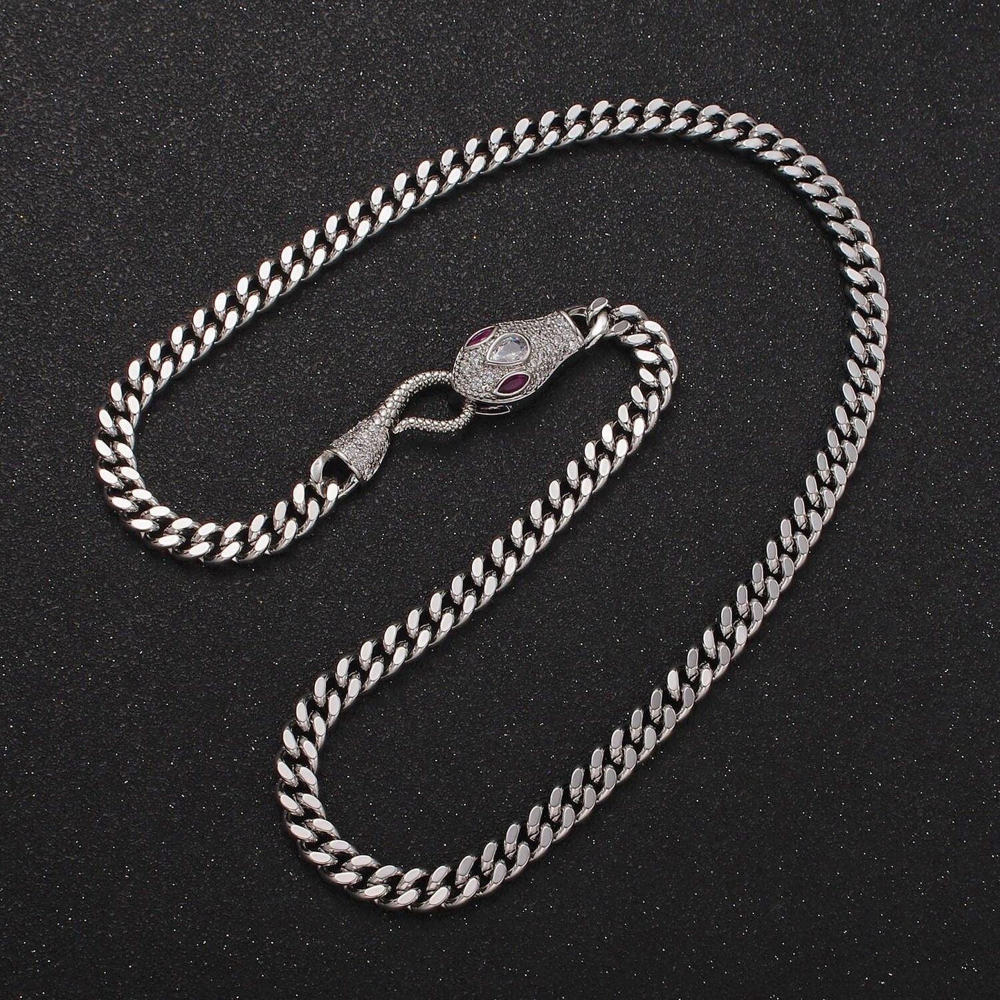 5.8mm gold miami cuban curb chain with cubic zirconia snake clasp silver serpent end clasp for statement jewelry 18 inch necklace wa-2205