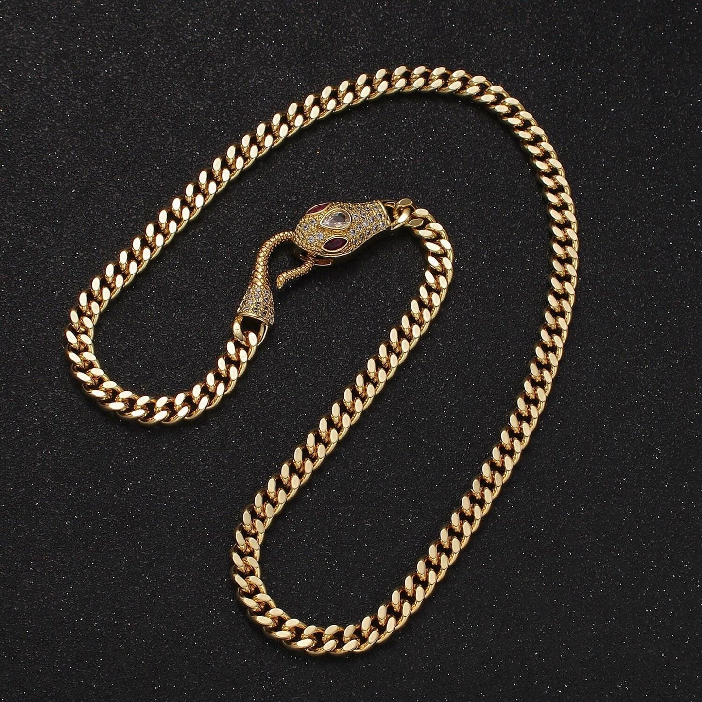 5.8mm gold miami cuban curb chain with cubic zirconia snake clasp silver serpent end clasp for statement jewelry 18 inch necklace wa-2205