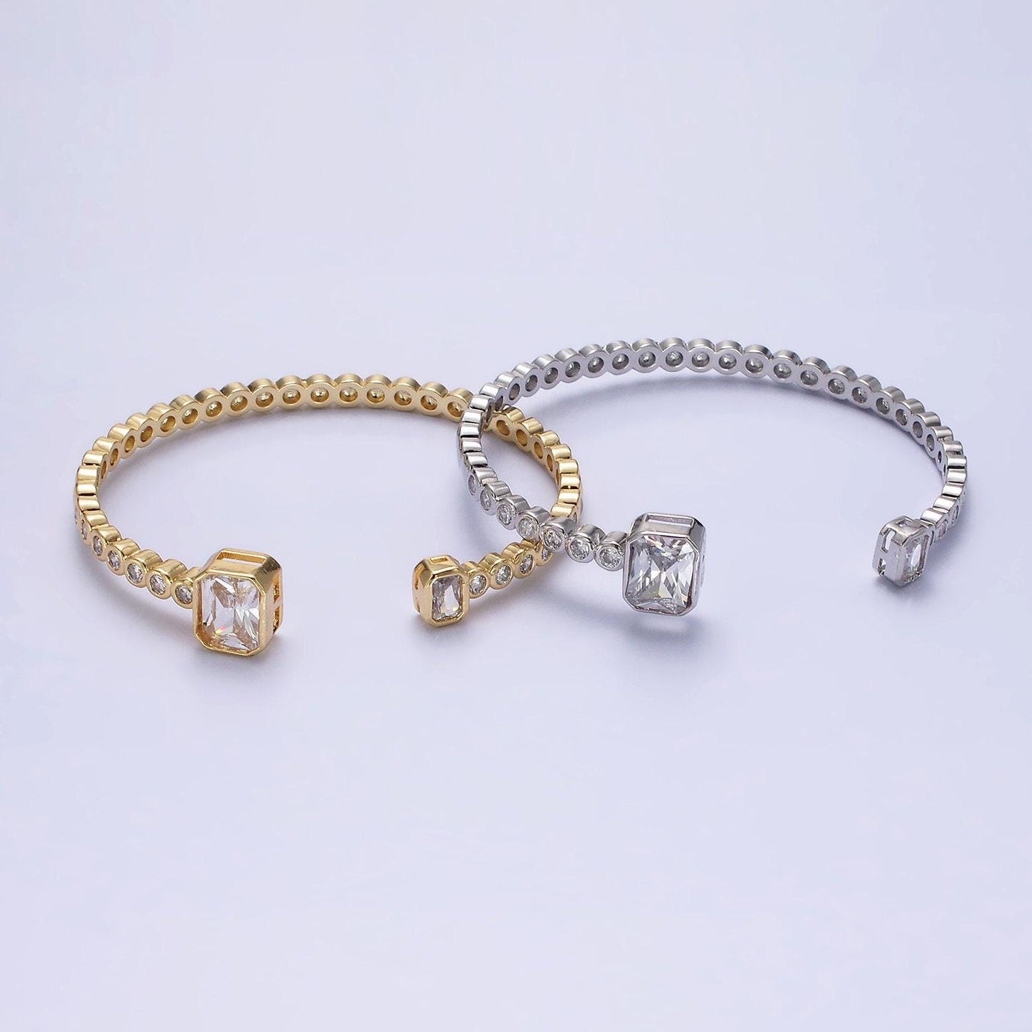 14k gold filled clear baguette round cz lined cuff bracelet in silver & gold | wa-2093 wa-2094