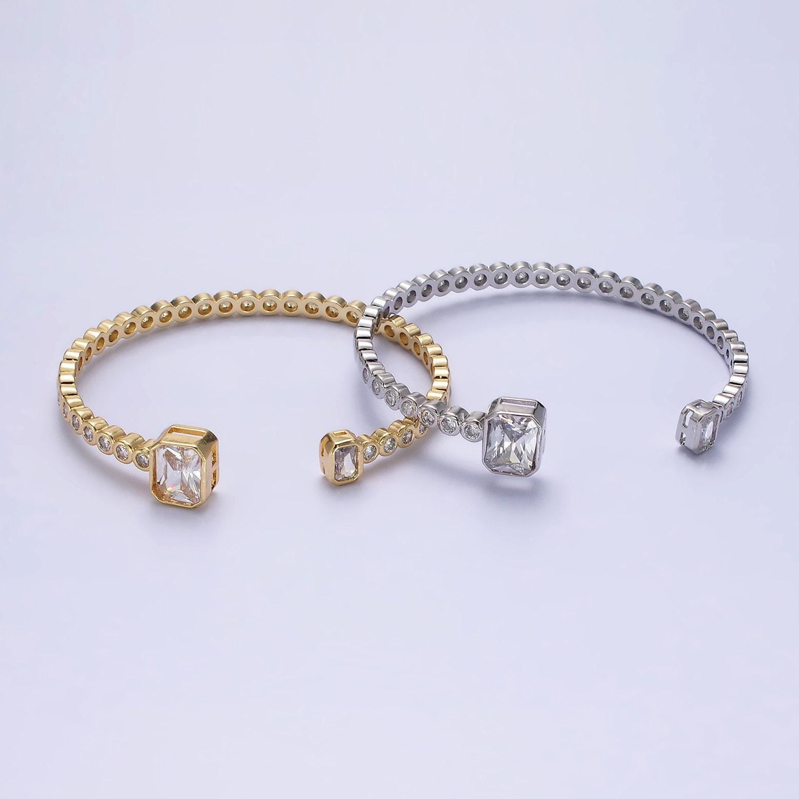 14k gold filled clear baguette round cz lined cuff bracelet in silver & gold | wa-2093 wa-2094