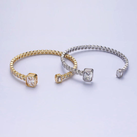14k gold filled clear baguette round cz lined cuff bracelet in silver & gold | wa-2093 wa-2094