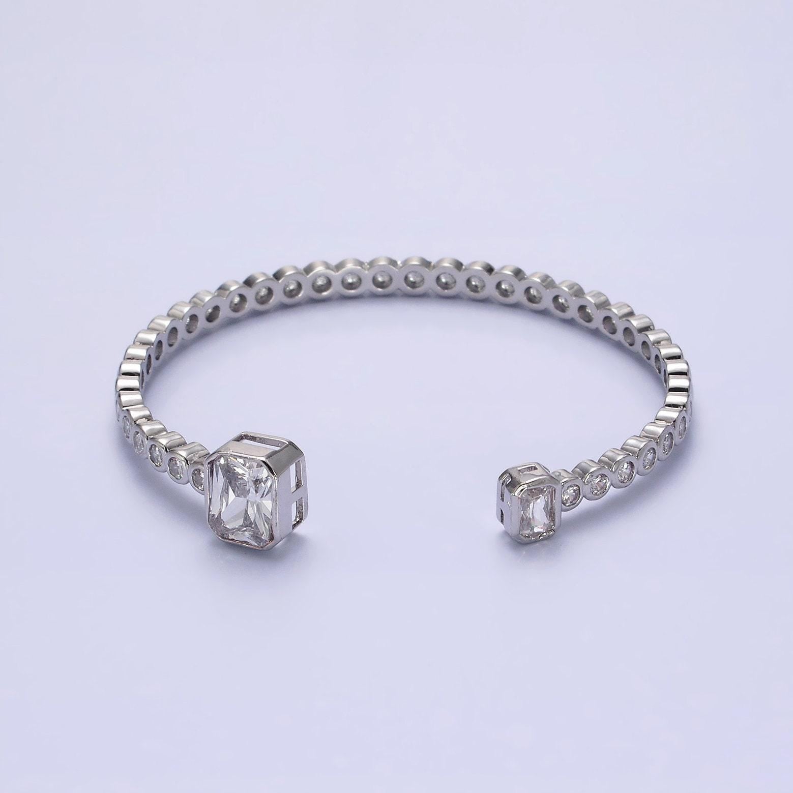 14k gold filled clear baguette round cz lined cuff bracelet in silver & gold | wa-2093 wa-2094