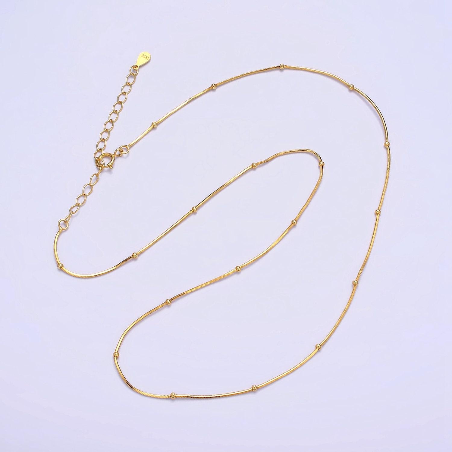 Dainty 24k gold vermeil satellite chain necklace 925 sterling silver snake necklace chain w/ 2 inch extender | wa1983