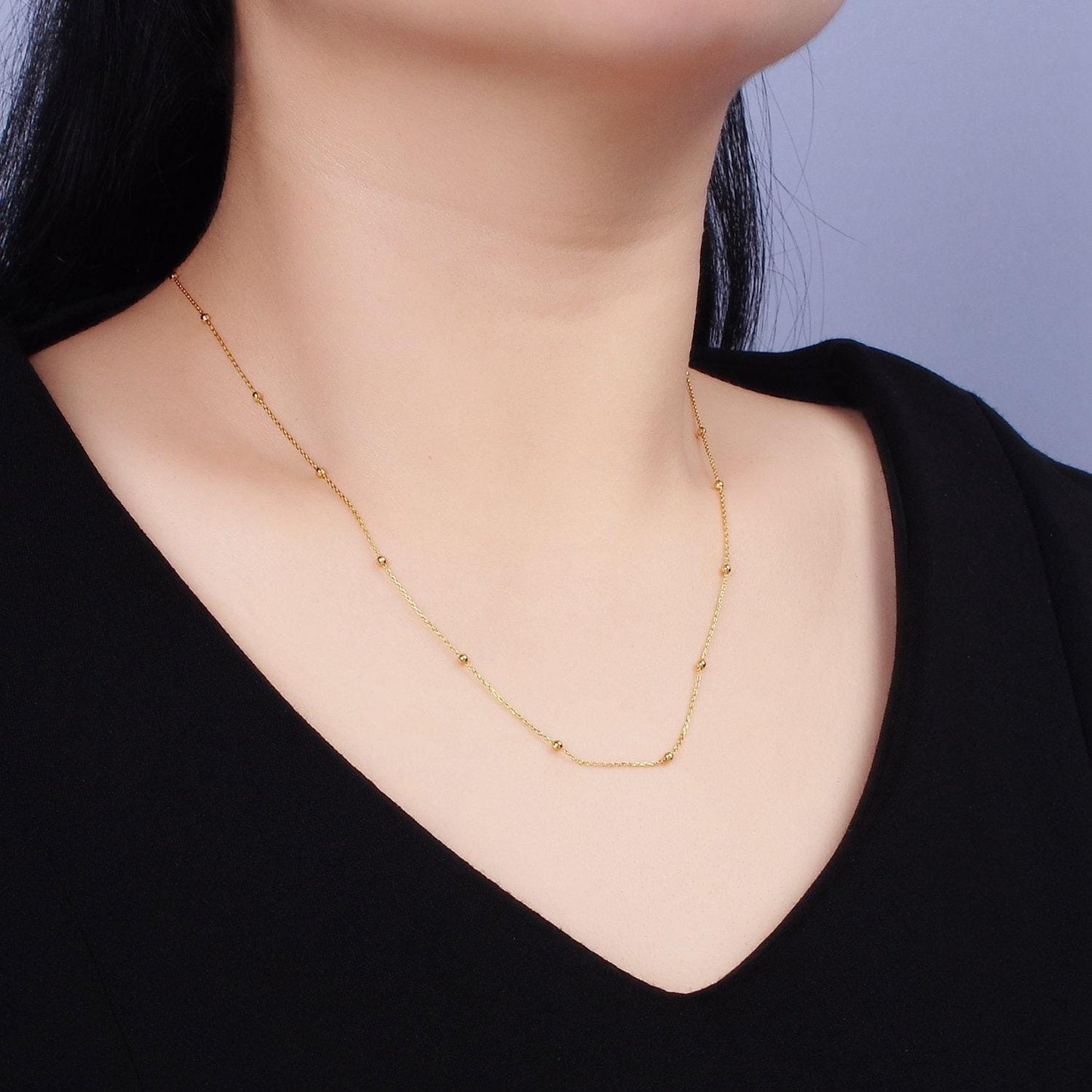 24k gold filled 0.5mm dainty satellite beaded cable chain 18 inch layering necklace | wa-1929