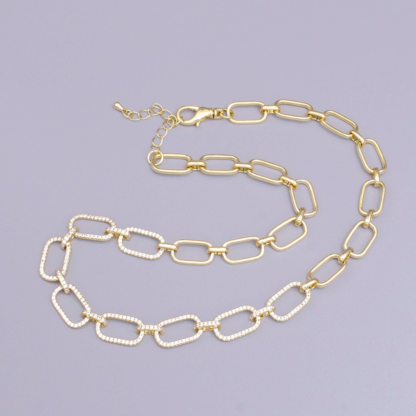 16k gold filled 10mm half micro paved cz paperclip 17 inch chain necklace in gold & silver | wa-1894 wa-1895