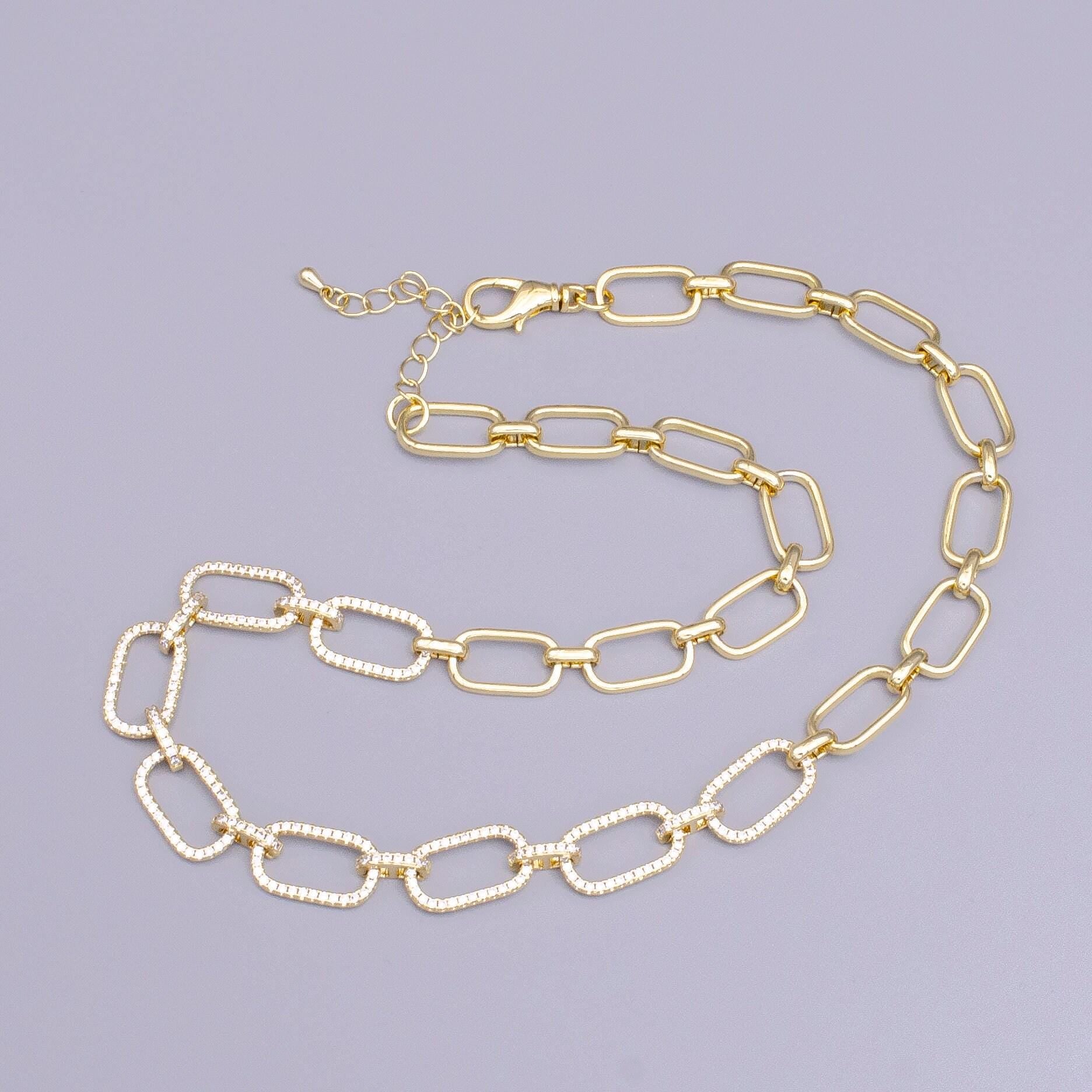 16k gold filled 10mm half micro paved cz paperclip 17 inch chain necklace in gold & silver | wa-1894 wa-1895