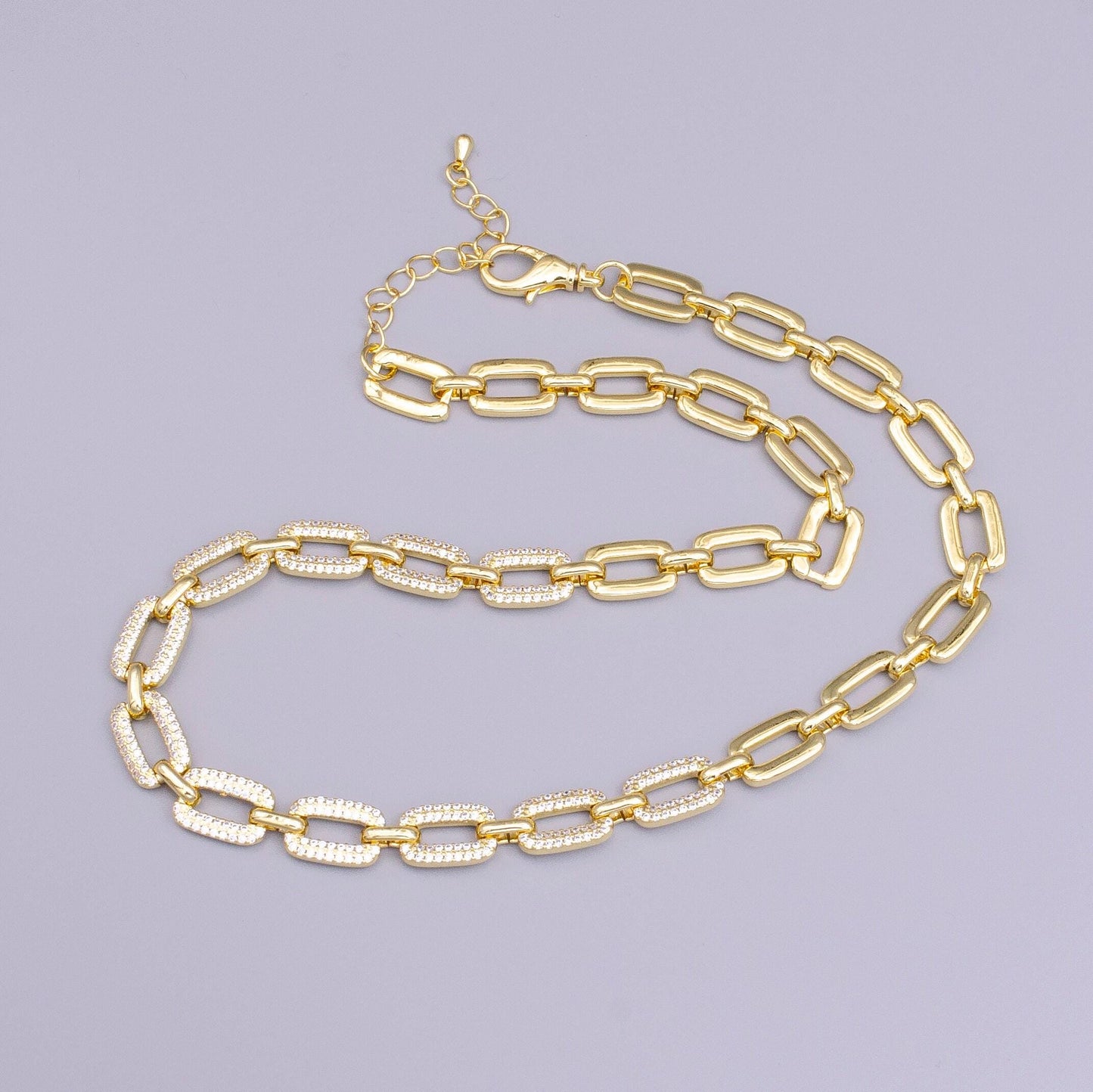 16k gold filled half micro paved cz unique paperclip 17 inch chain necklace in gold & silver | wa-1892 wa-1893