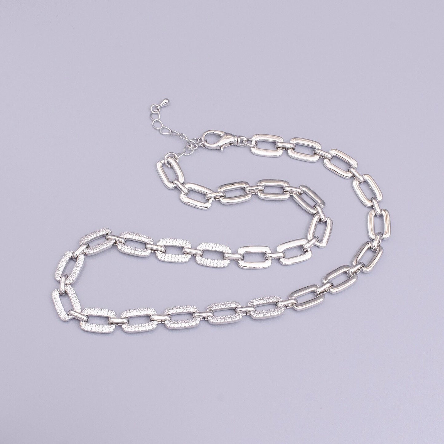 16k gold filled half micro paved cz unique paperclip 17 inch chain necklace in gold & silver | wa-1892 wa-1893