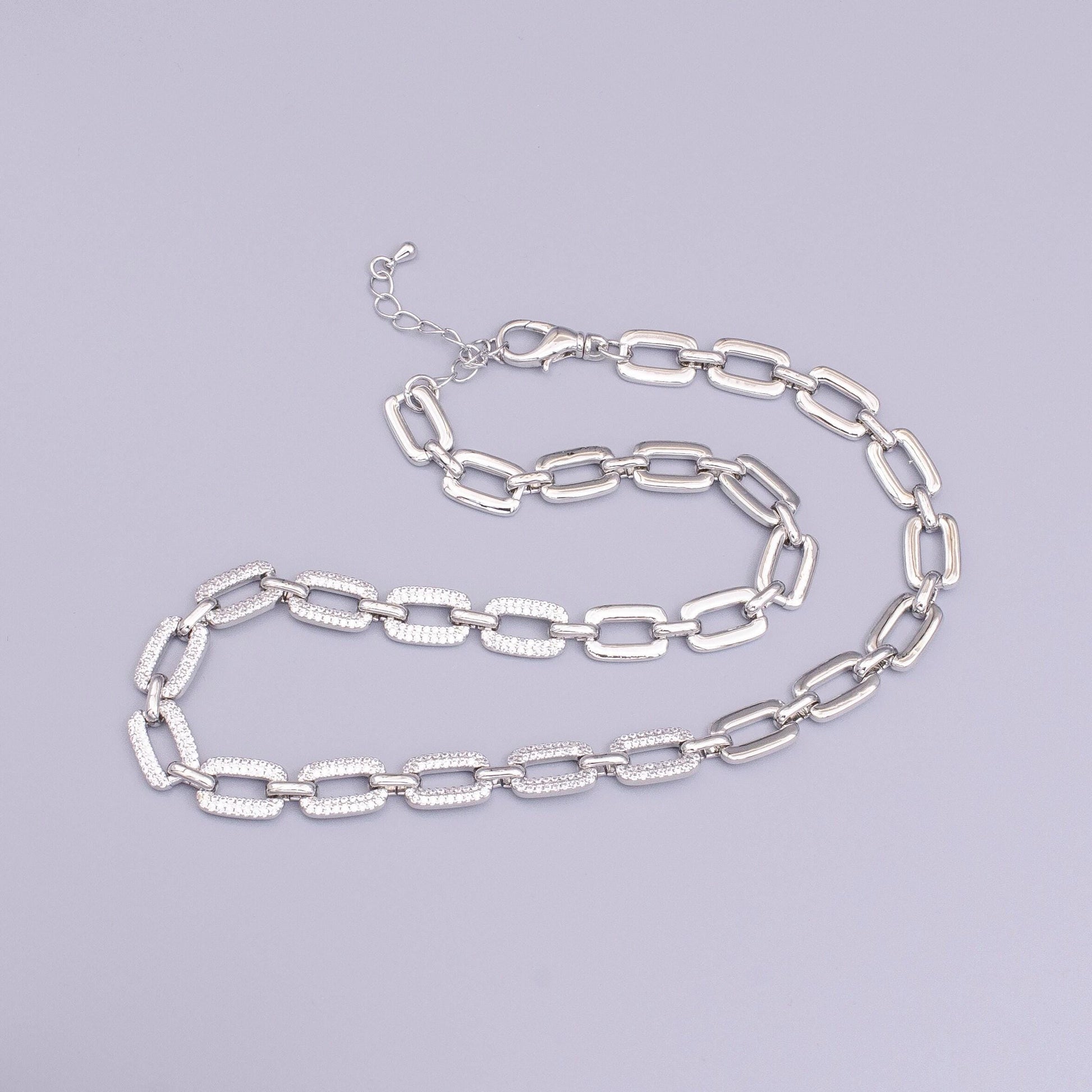 16k gold filled half micro paved cz unique paperclip 17 inch chain necklace in gold & silver | wa-1892 wa-1893