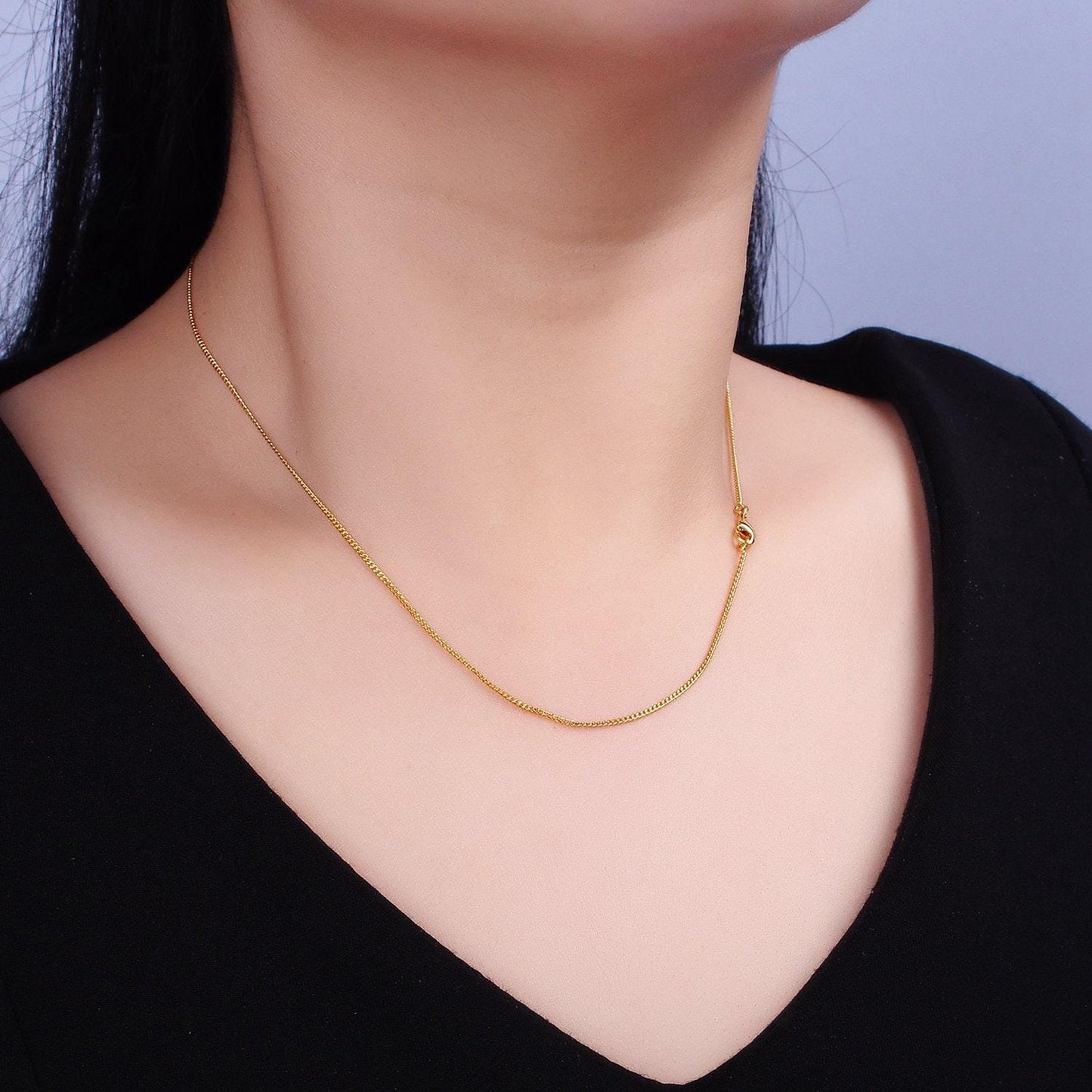 24k gold filled 1mm cuban curb 17.25 inch layering chain necklace w. lobster clasps, s-hook clasps closure | wa-1882 wa-1883