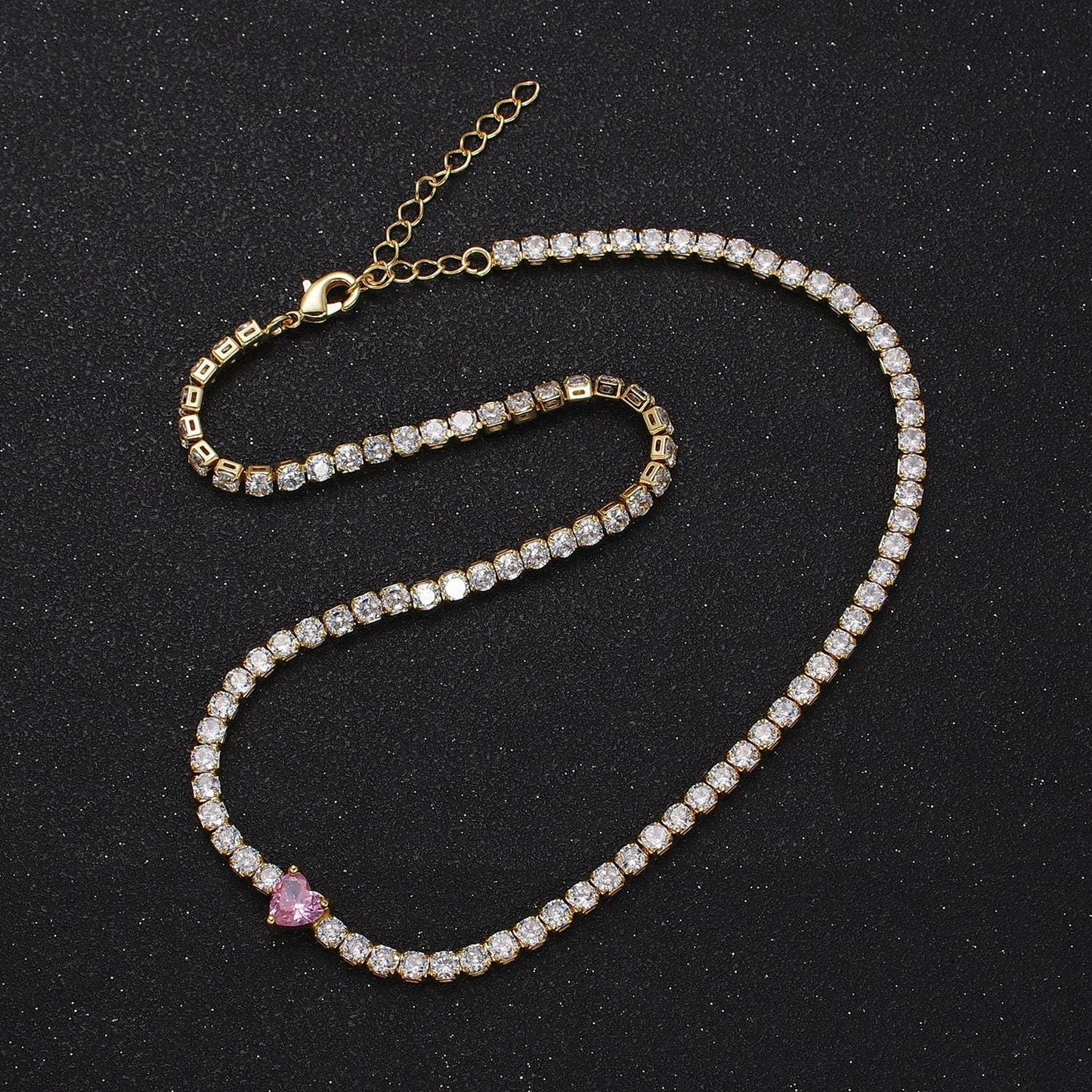 14k gold filled tennis choker necklace cz diamond tennis necklace with pink heart cubic zirconia stones wa1673