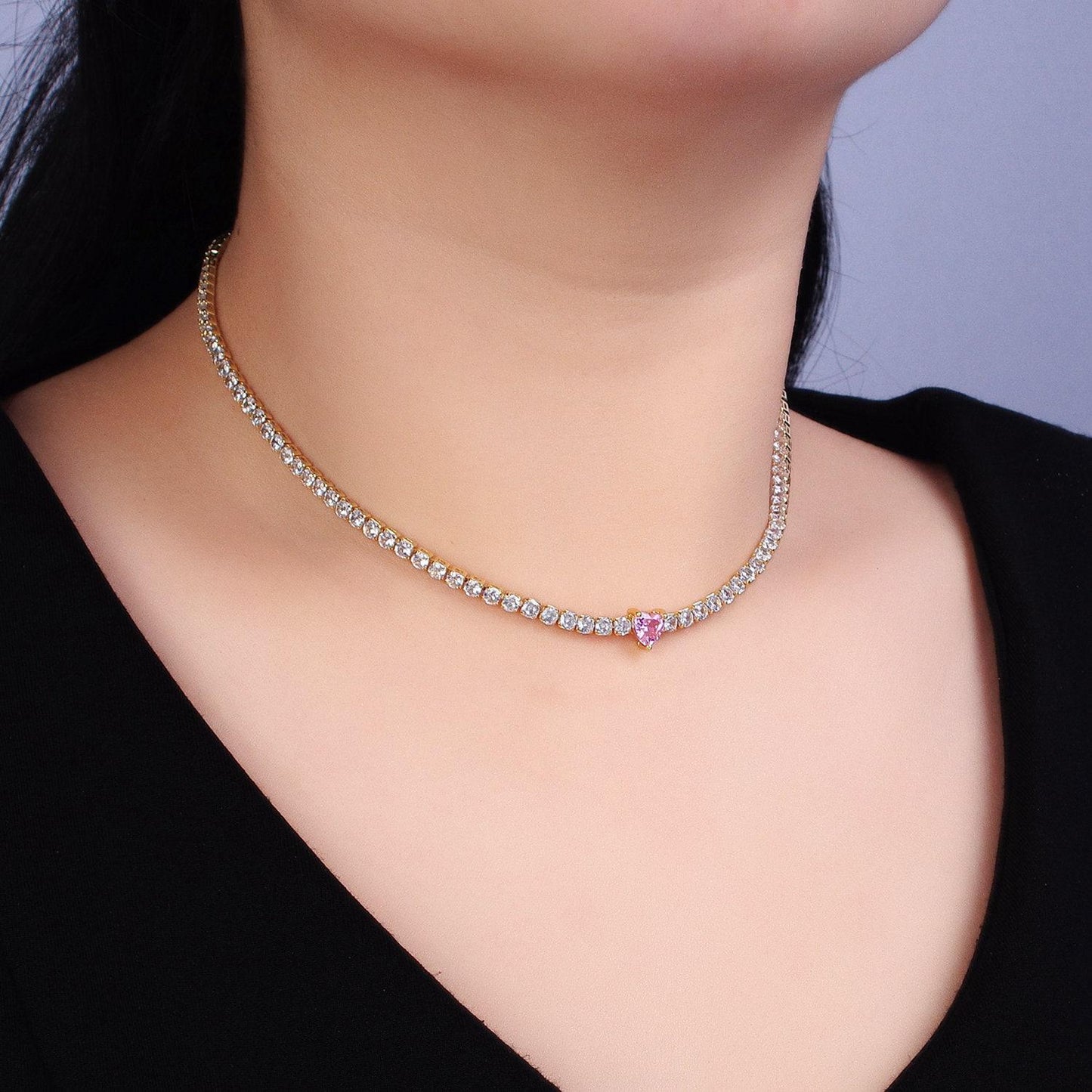 14k gold filled tennis choker necklace cz diamond tennis necklace with pink heart cubic zirconia stones wa1673