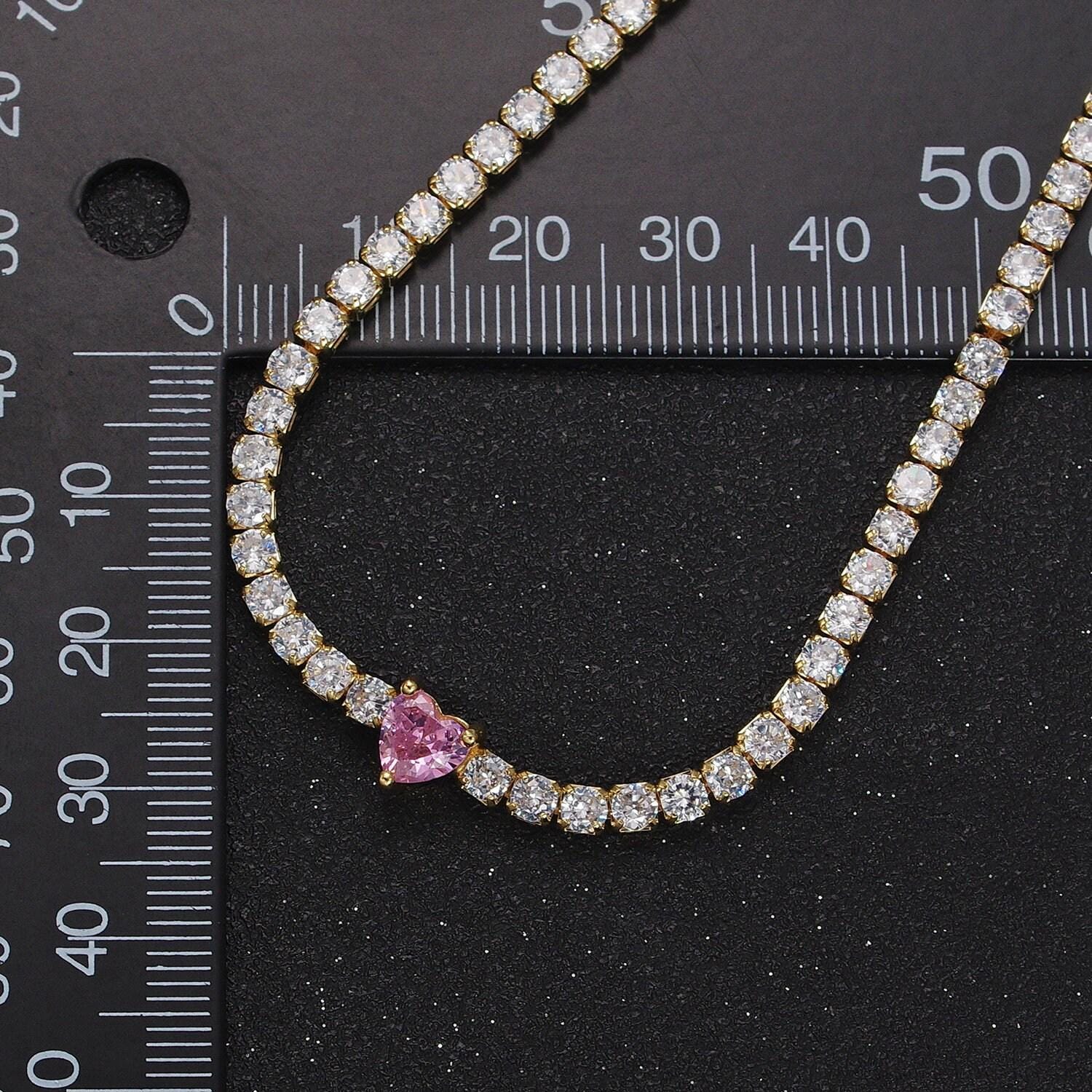 14k gold filled tennis choker necklace cz diamond tennis necklace with pink heart cubic zirconia stones wa1673
