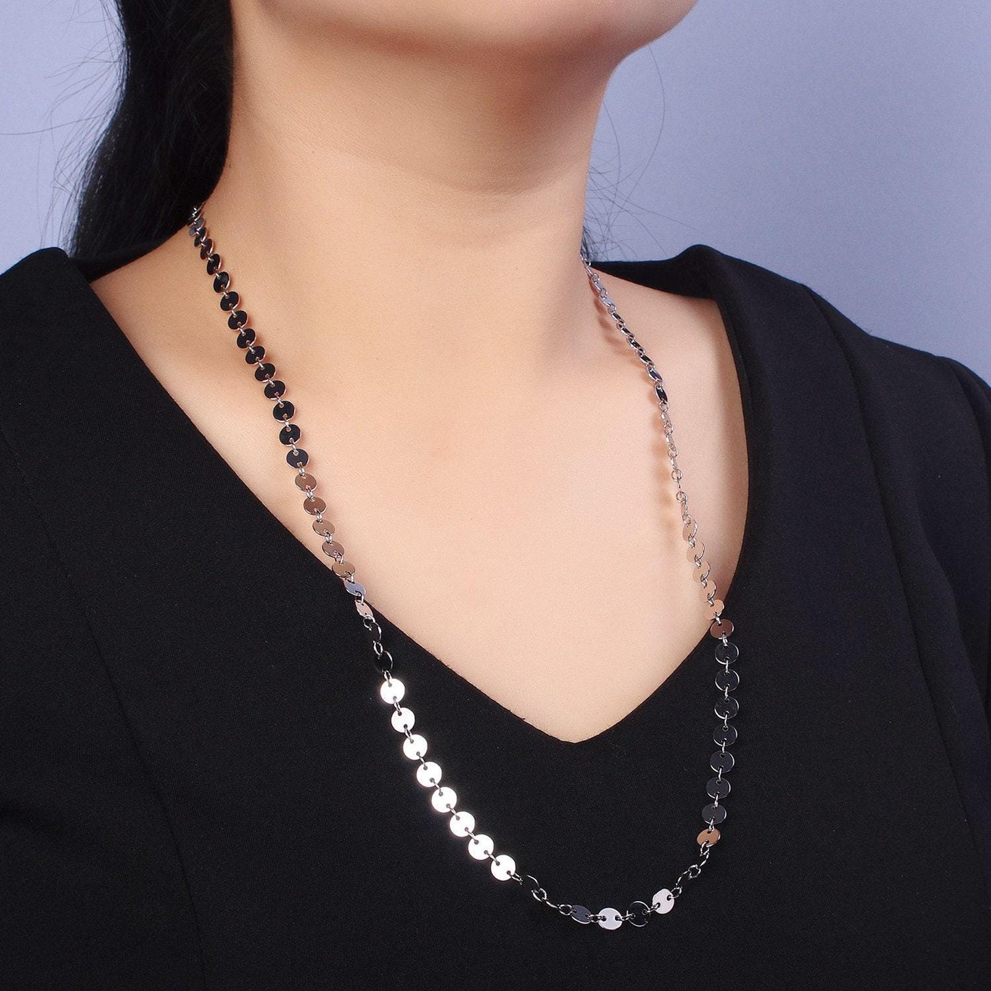 Long silver sequin necklace dot silver layer necklace sequin chain coin chain minimalist necklace for statement jewelry wa-1600