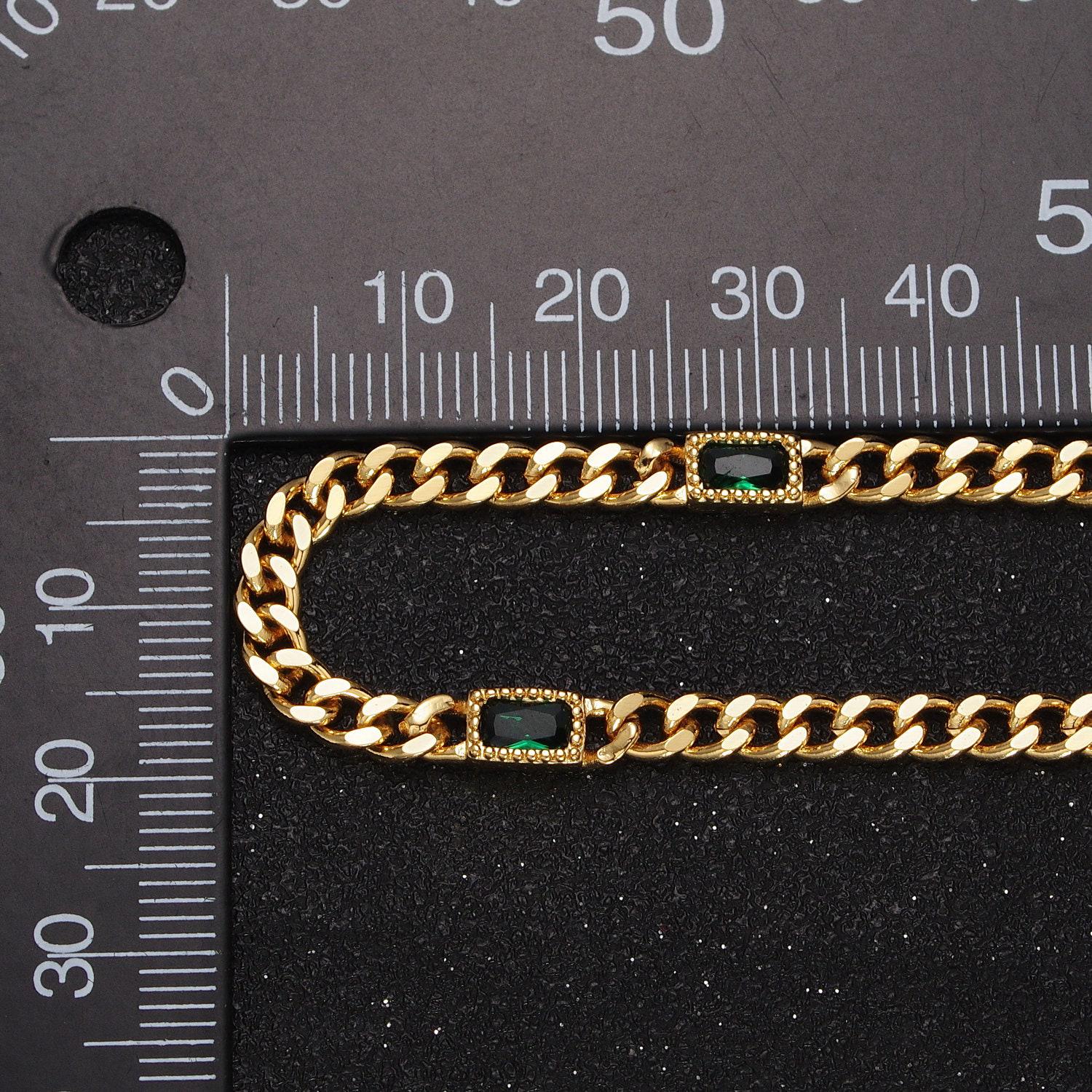 24k gold filled necklace clear, green, blue, baguette cz 3.8mm curb chain 19 inch necklace for layer necklace statement jewelry | wa-1509