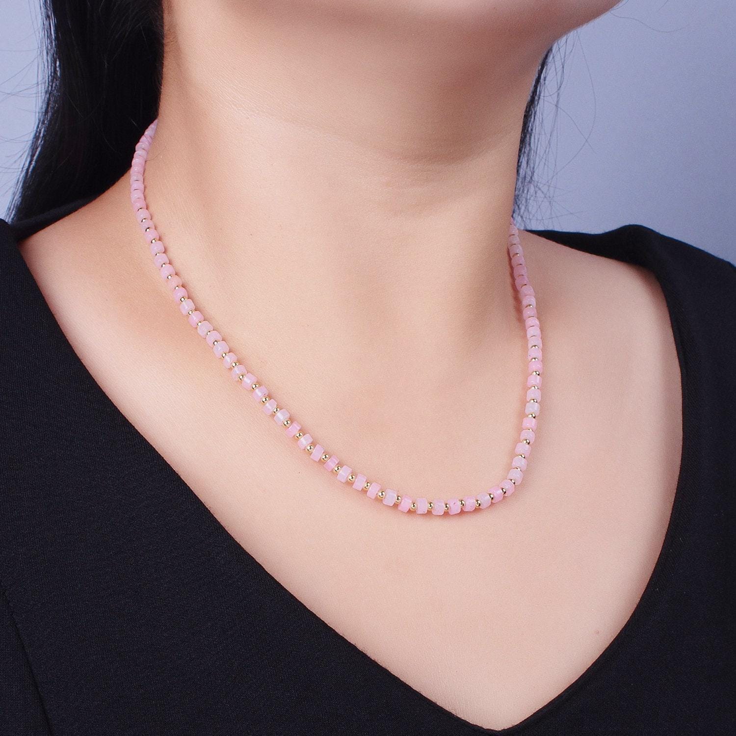 Cylinder rose quartz necklace pink quartz beaded necklace christmas gift for her minimalist jewelry pink boho necklace