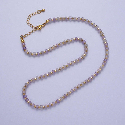 Goregeous bead amethyst gemstone necklace purple amethyst and gold beaded summer necklace for women- boho surfer everyday necklace wa1429