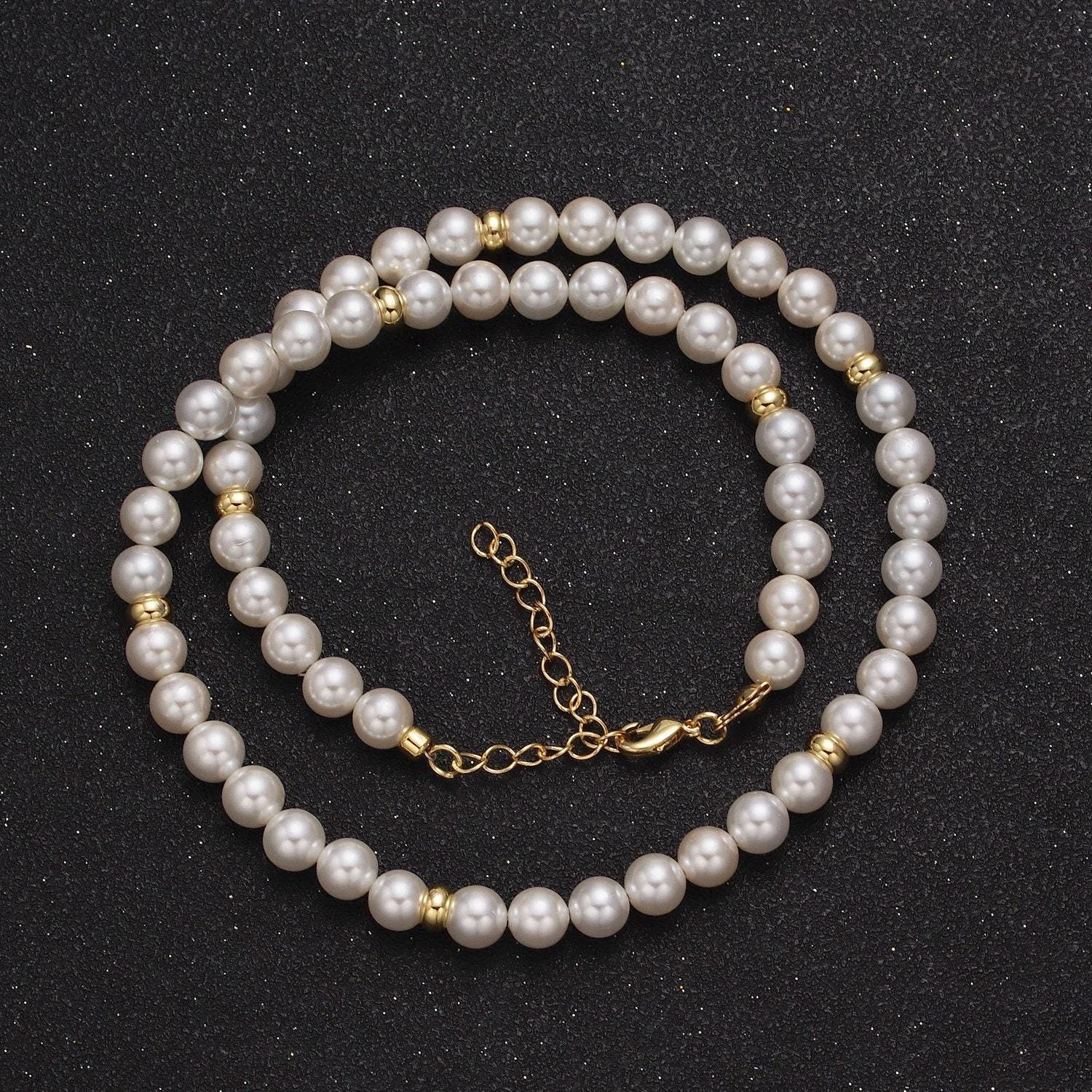 Handmade genuine pearl necklace gold bead necklace white shell pearl jewelry 16 inch | june birthstone christmas holiday gift idea wa-1420