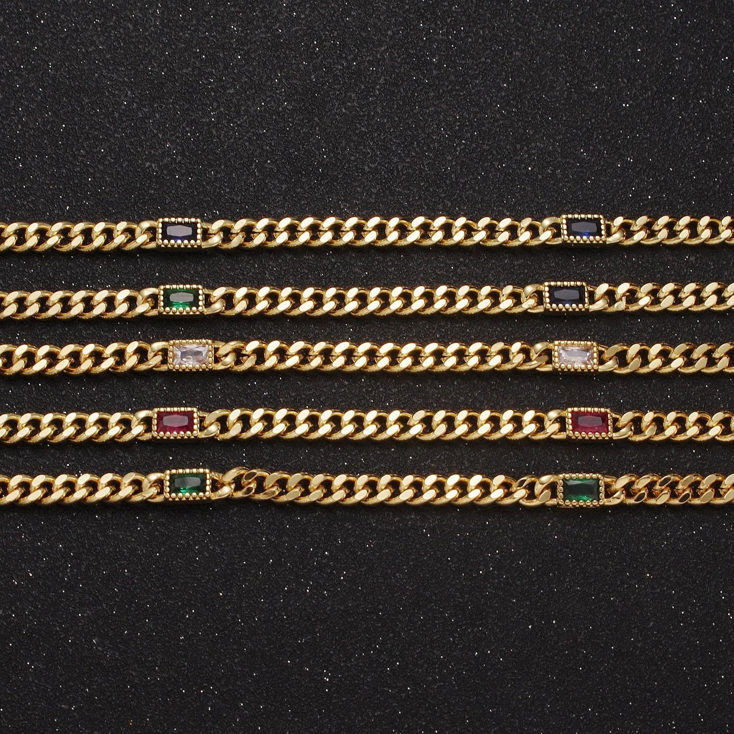 24k gold filled unfinished chunky curb chain with dainty rectangular crystal cubic zirconia cz stone by meter