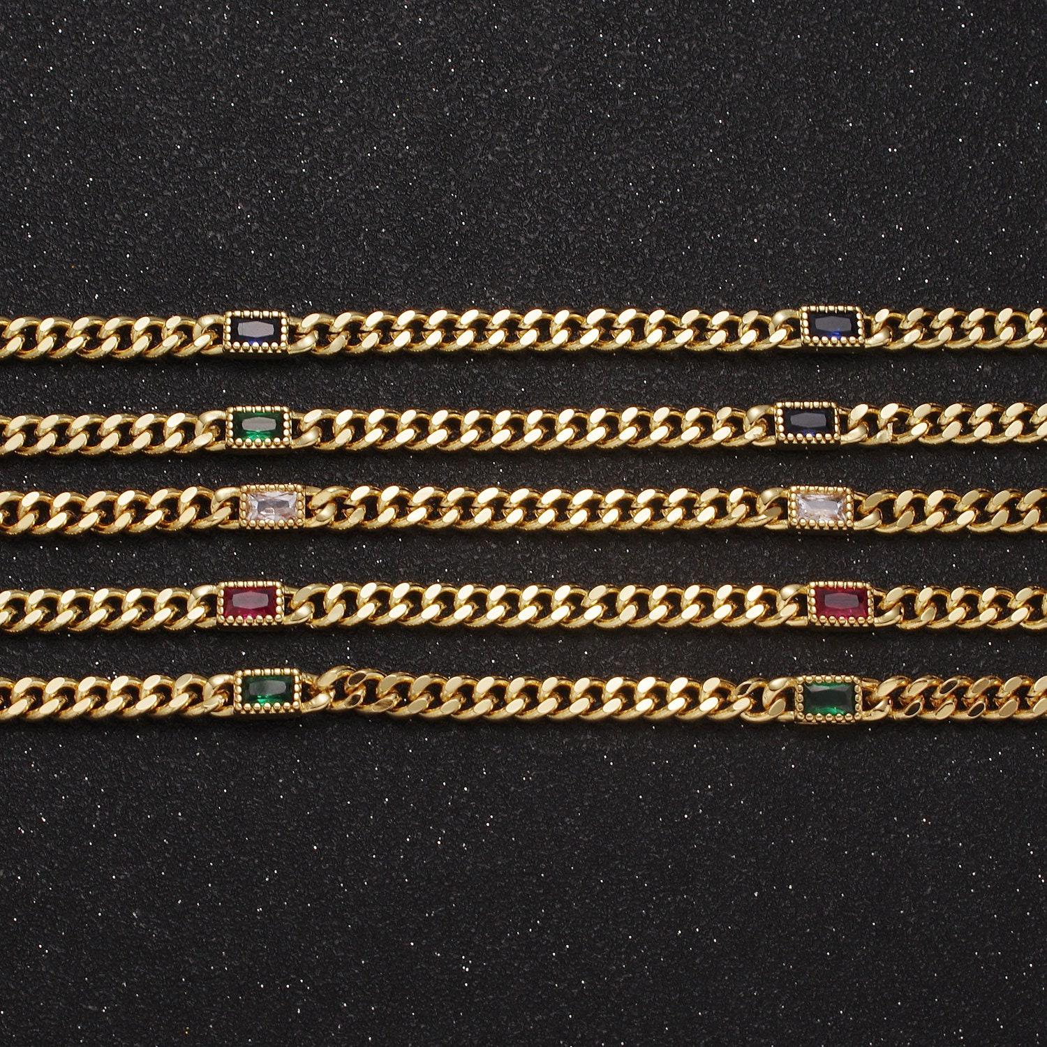 24k gold filled unfinished chunky curb chain with dainty rectangular crystal cubic zirconia cz stone by meter