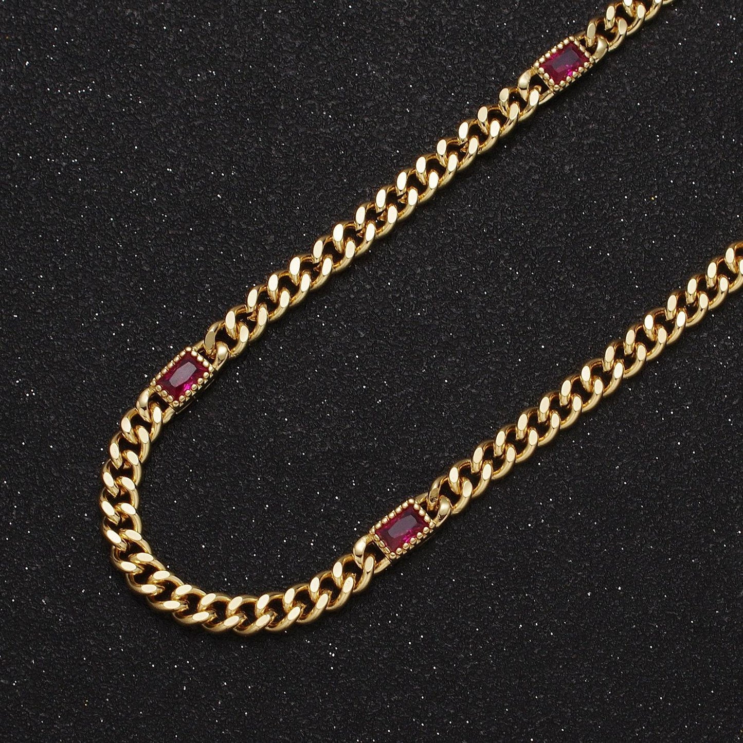 24k gold filled unfinished chunky curb chain with dainty rectangular crystal cubic zirconia cz stone by meter