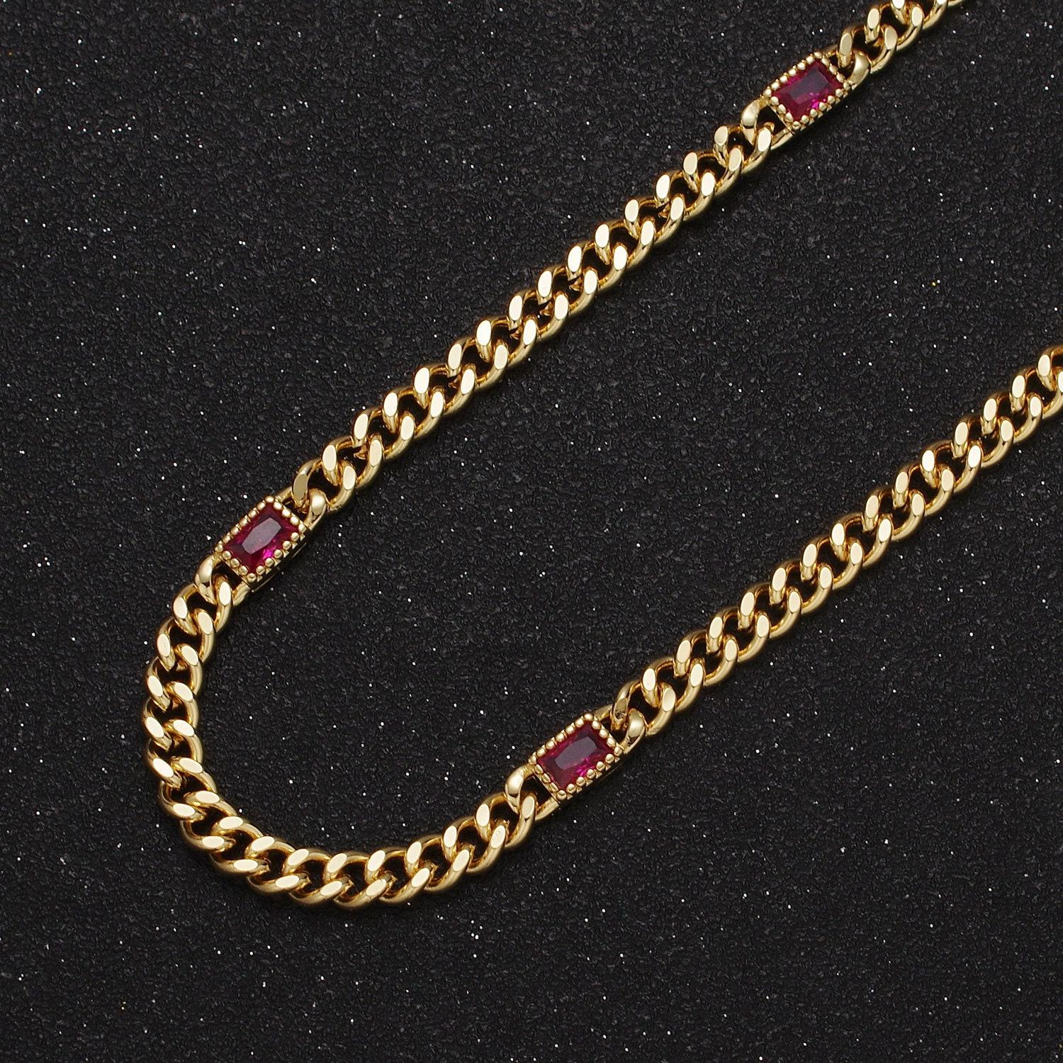 24k gold filled unfinished chunky curb chain with dainty rectangular crystal cubic zirconia cz stone by meter