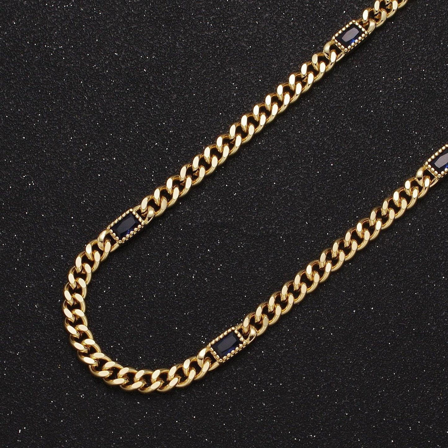 24k gold filled unfinished chunky curb chain with dainty rectangular crystal cubic zirconia cz stone by meter