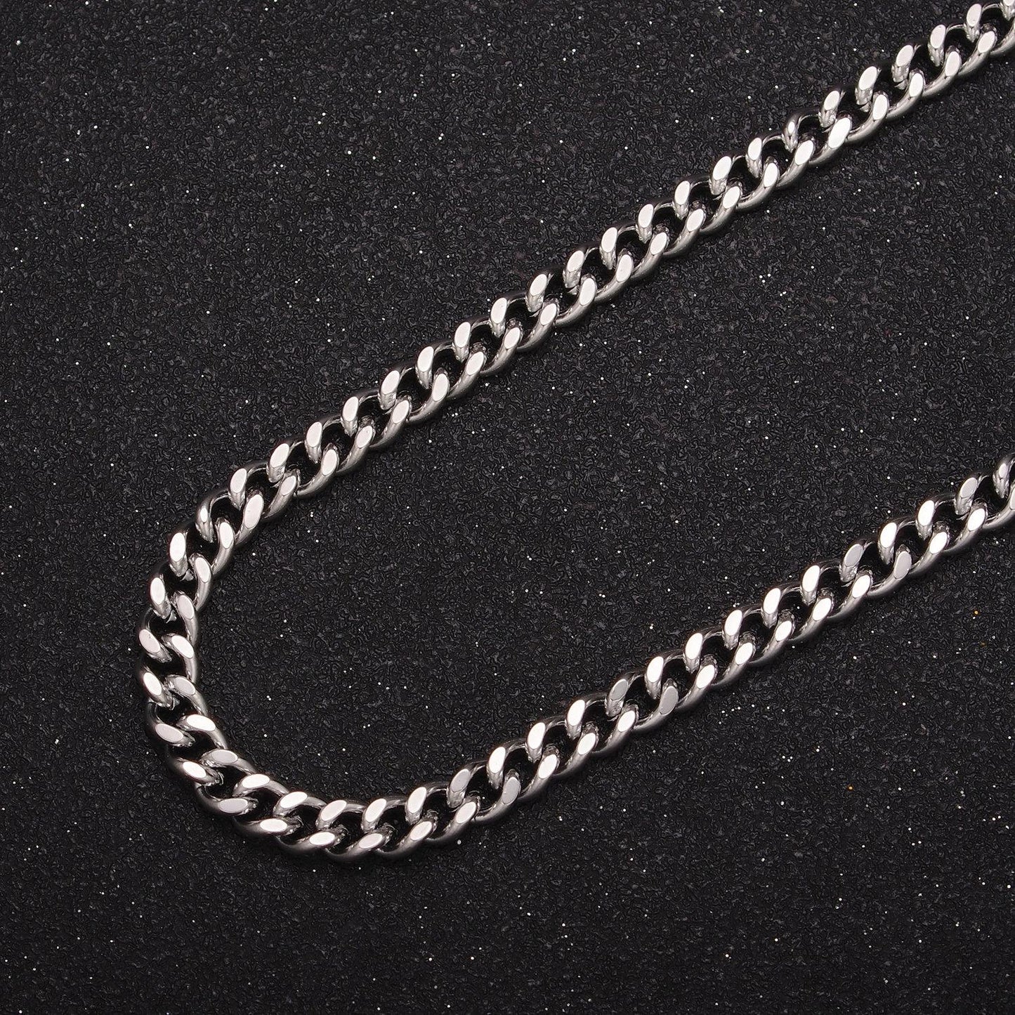 5mm silver cuban link chain, 19.5 inch rhodium plated unfinished flat concave curb chain for diy jewelry making, wa-1401