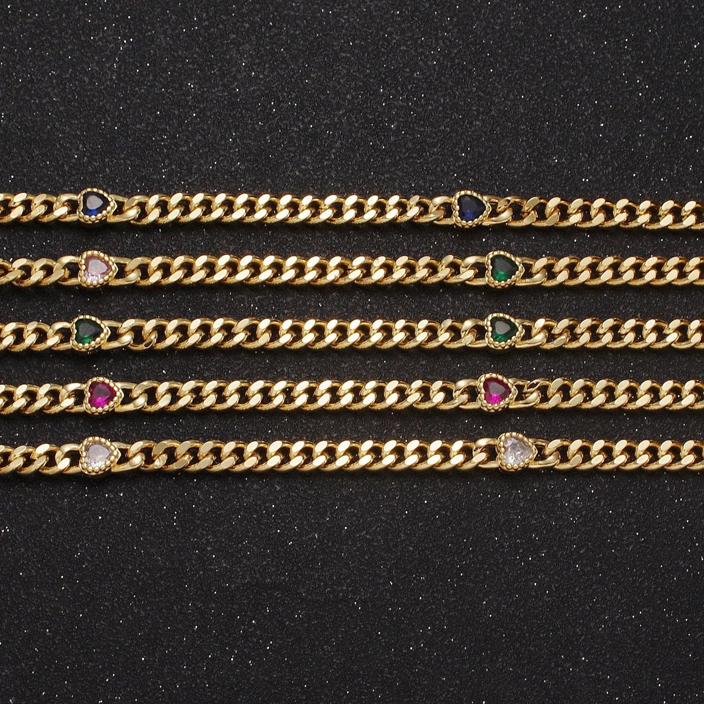 24k gold filled unfinished flat curb chain with crystal cubic zirconia cz love heart-shaped stone by meter