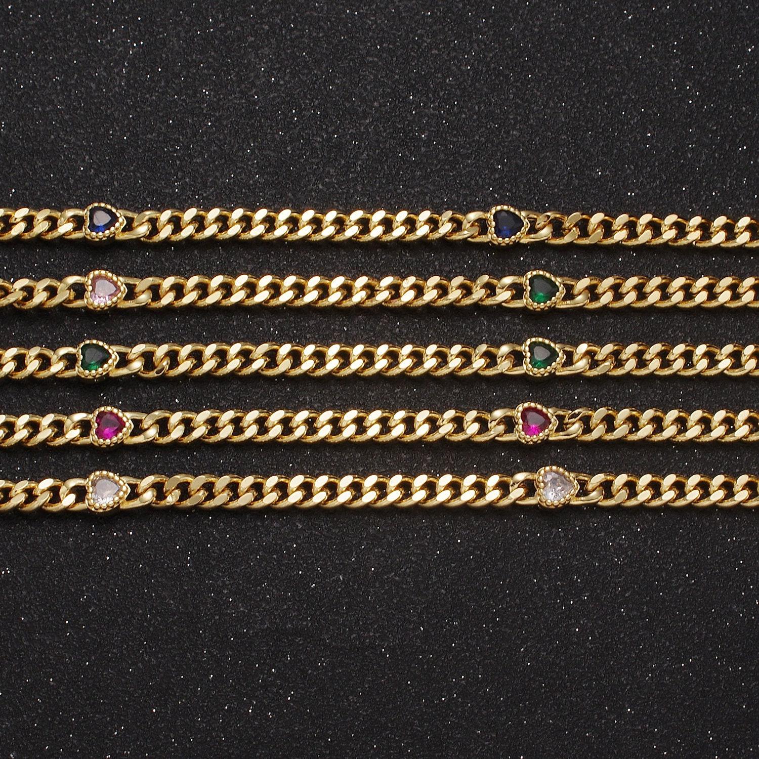 24k gold filled unfinished flat curb chain with crystal cubic zirconia cz love heart-shaped stone by meter