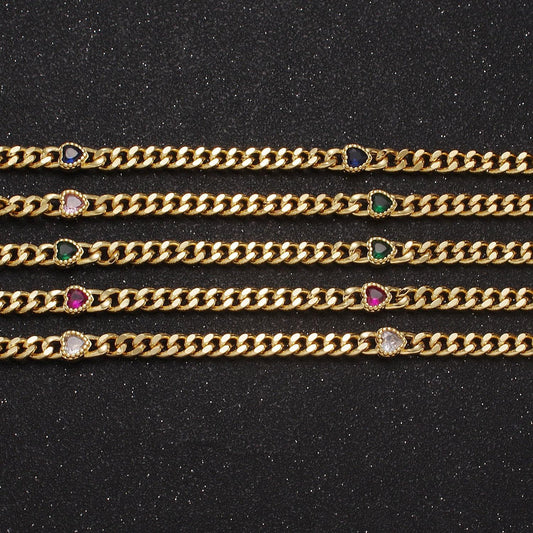 24k gold filled unfinished flat curb chain with crystal cubic zirconia cz love heart-shaped stone by meter