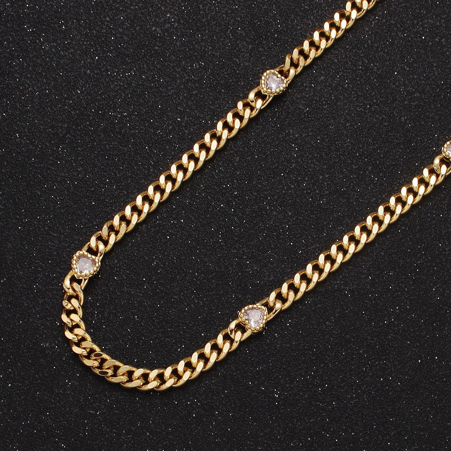 24k gold filled unfinished flat curb chain with crystal cubic zirconia cz love heart-shaped stone by meter