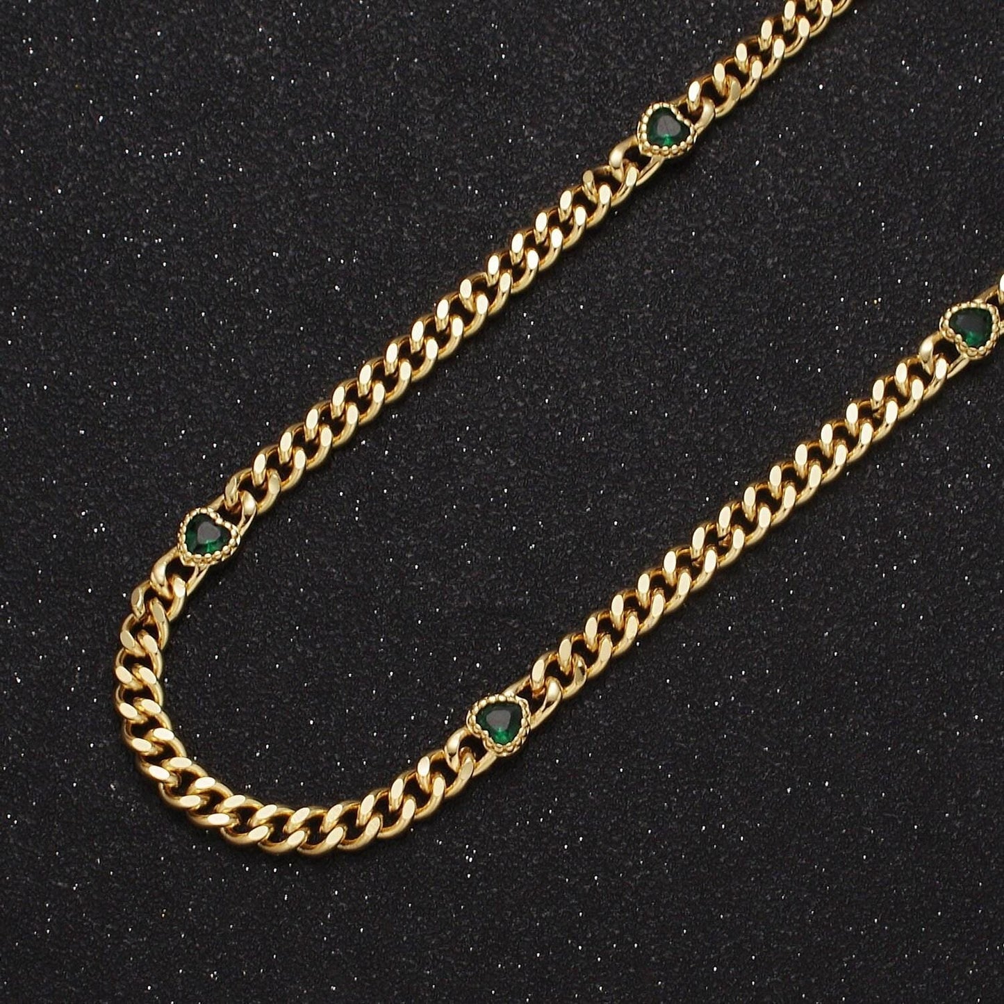 24k gold filled unfinished flat curb chain with crystal cubic zirconia cz love heart-shaped stone by meter