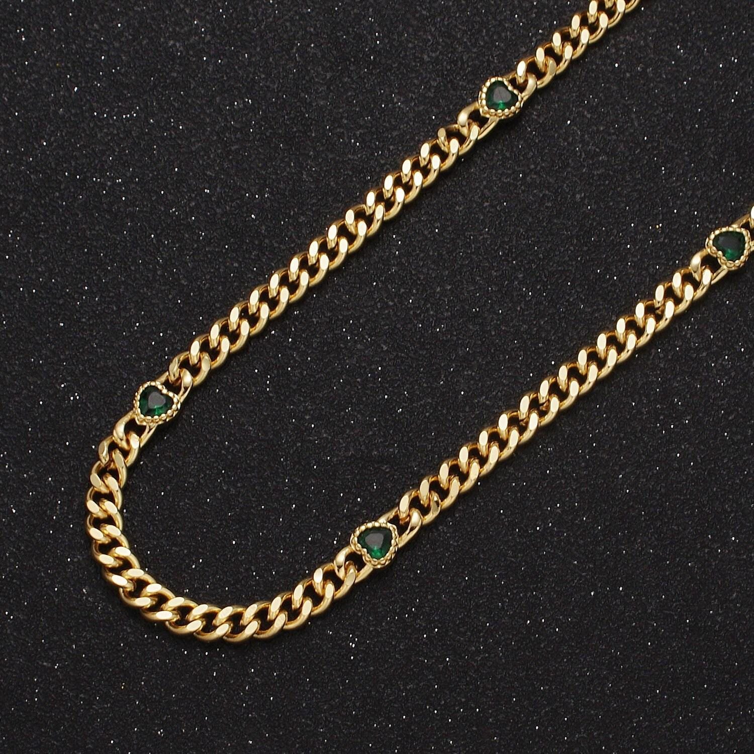 24k gold filled unfinished flat curb chain with crystal cubic zirconia cz love heart-shaped stone by meter