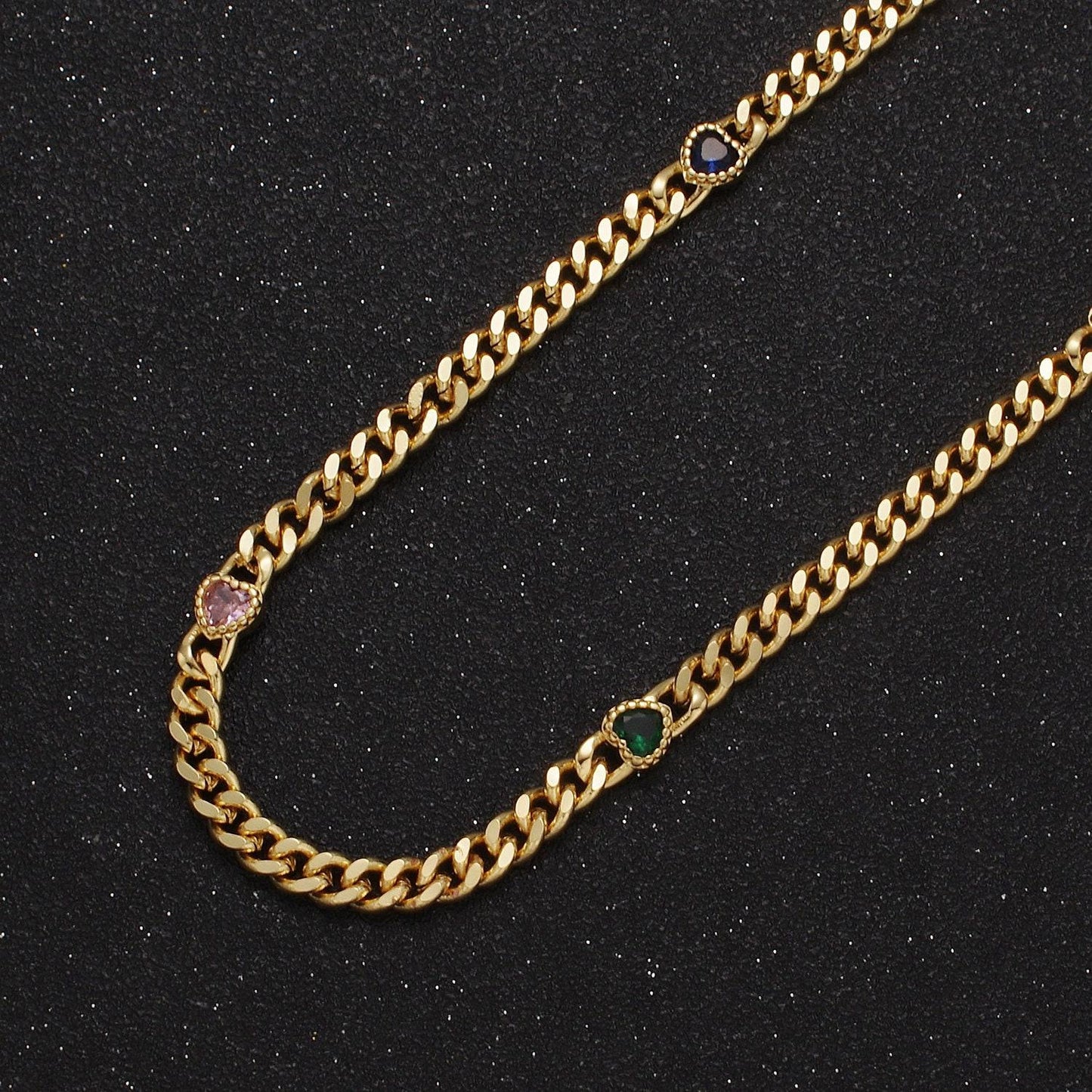 24k gold filled unfinished flat curb chain with crystal cubic zirconia cz love heart-shaped stone by meter