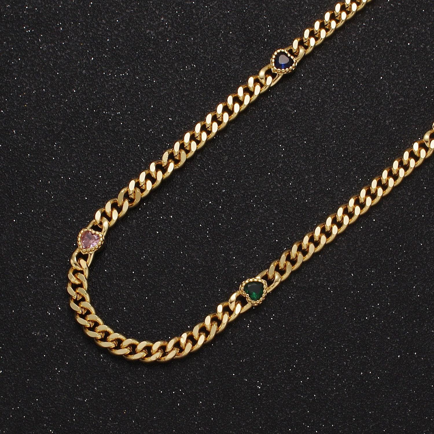24k gold filled unfinished flat curb chain with crystal cubic zirconia cz love heart-shaped stone by meter