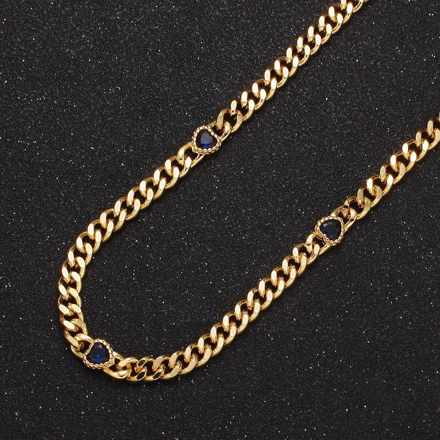 24k gold filled unfinished flat curb chain with crystal cubic zirconia cz love heart-shaped stone by meter