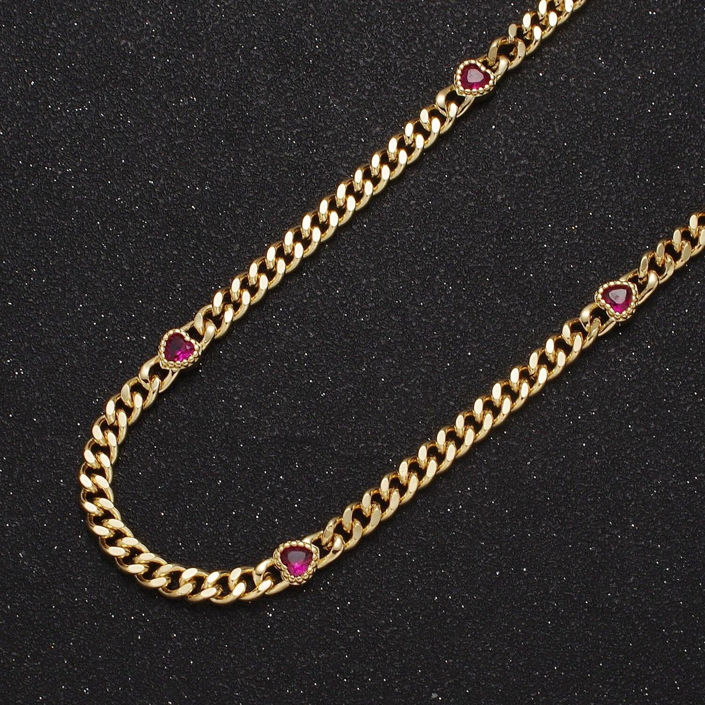 24k gold filled unfinished flat curb chain with crystal cubic zirconia cz love heart-shaped stone by meter