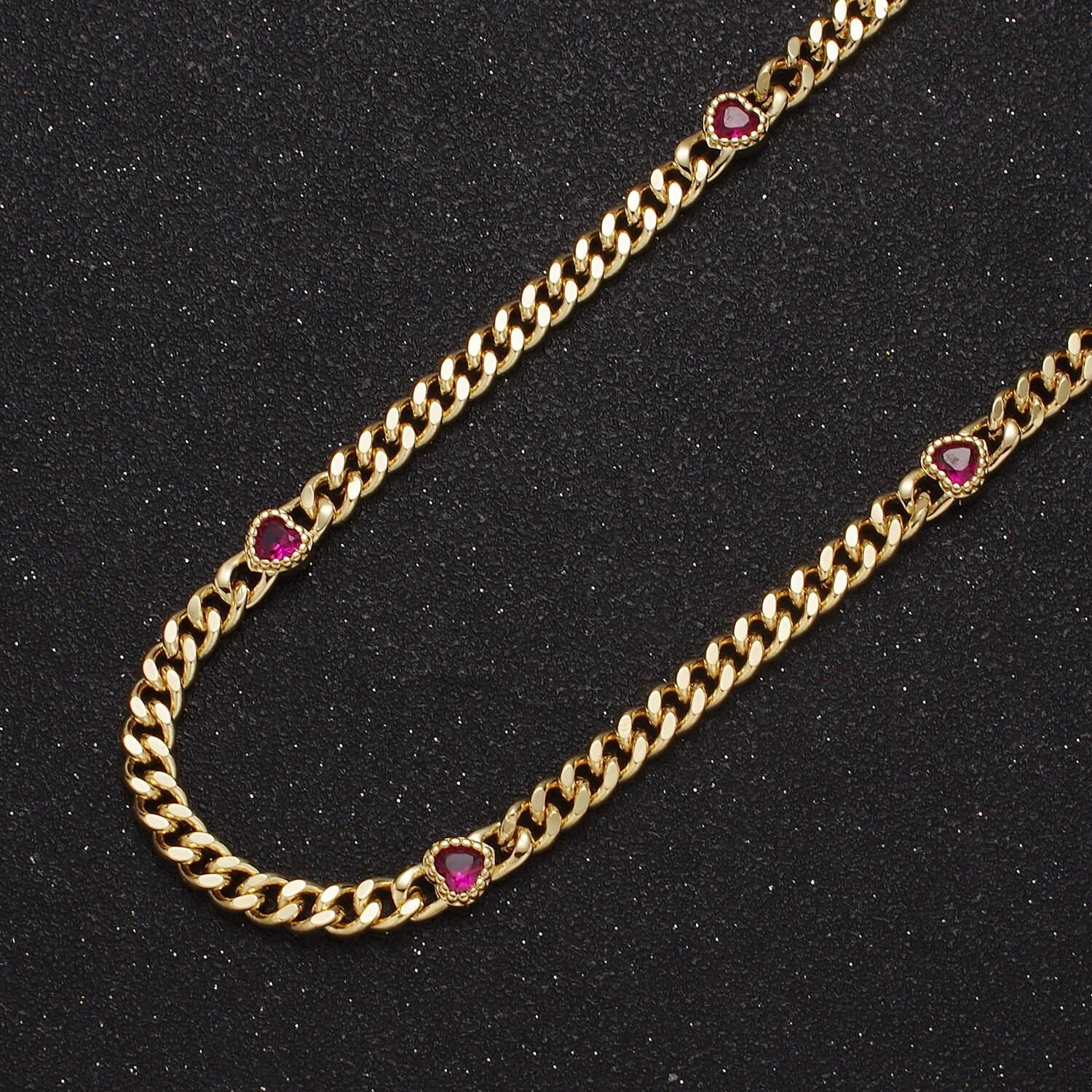 24k gold filled unfinished flat curb chain with crystal cubic zirconia cz love heart-shaped stone by meter