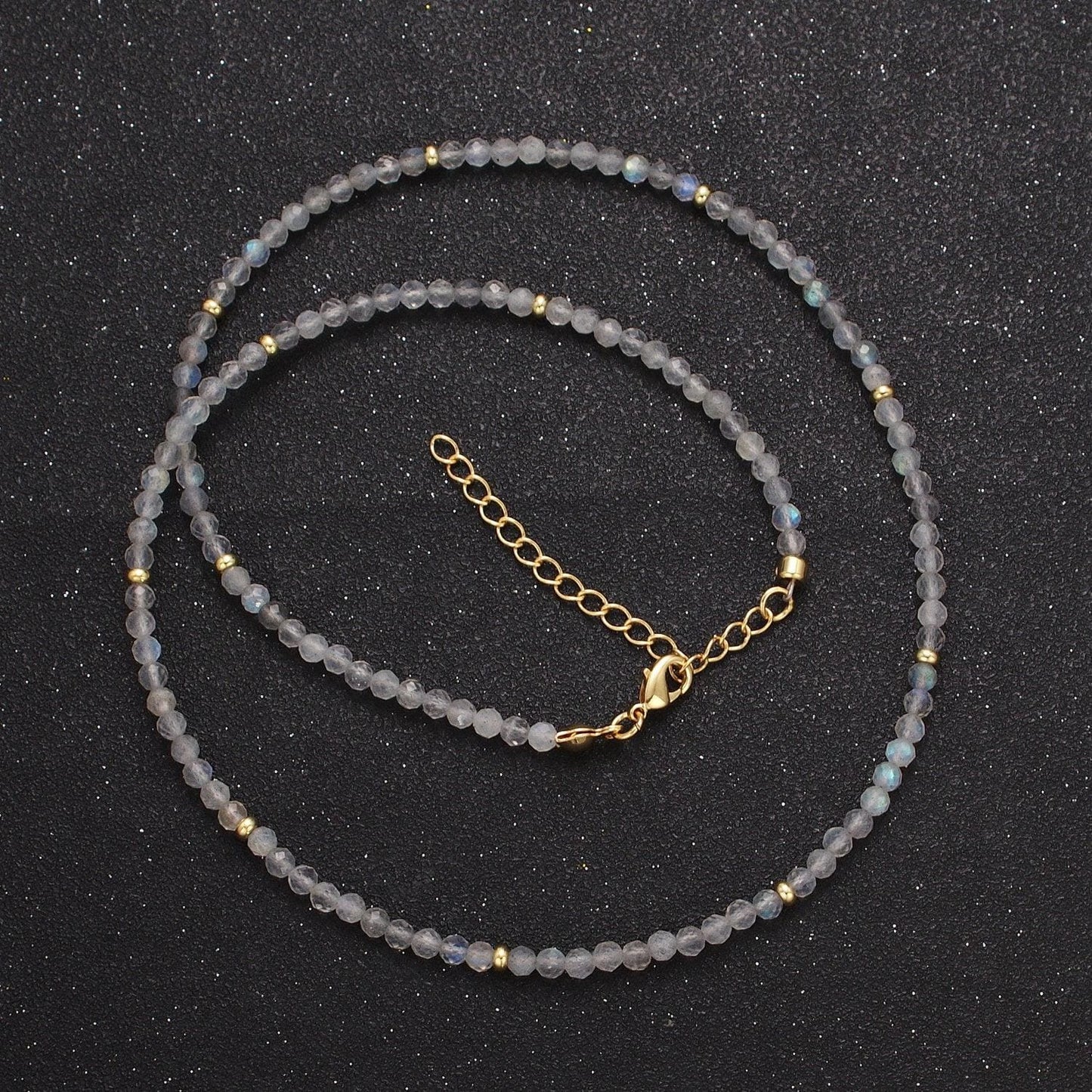 3.0mm moonstone, aventurine, prehnite multifaceted rondelle stones w. gold crimp spacers 17.5"+1.5" ext. handmade necklace | wa-1194,5,6