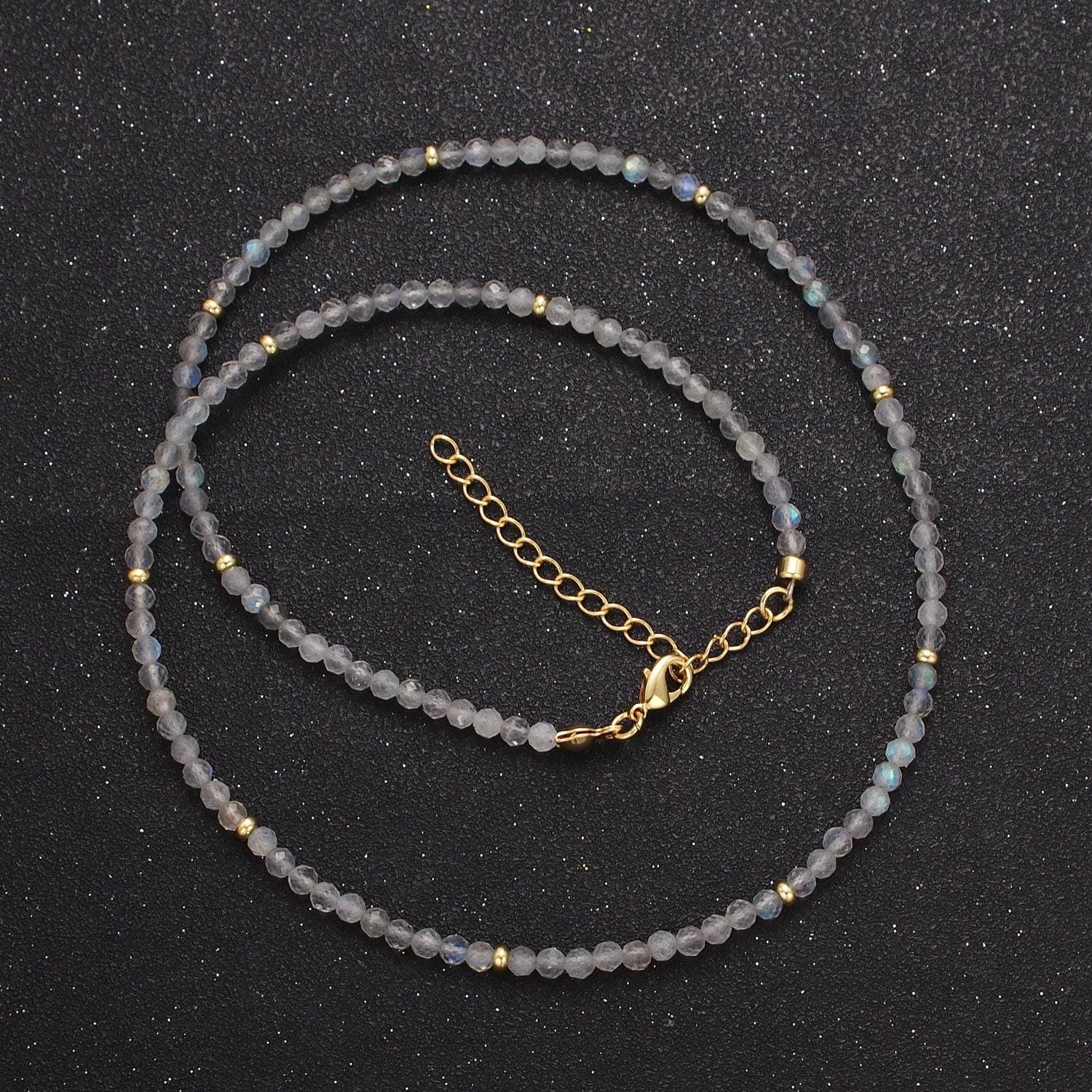 3.0mm moonstone, aventurine, prehnite multifaceted rondelle stones w. gold crimp spacers 17.5"+1.5" ext. handmade necklace | wa-1194,5,6