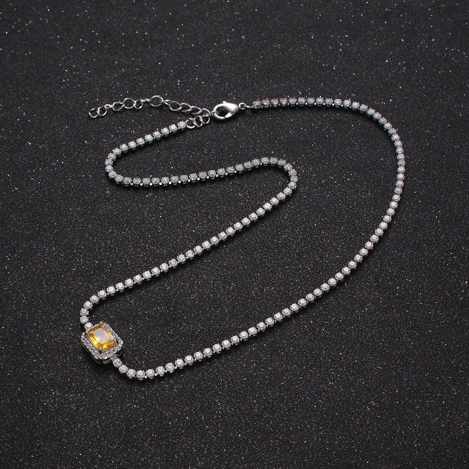 2.0mm red, green, yellow rectangular micro paved cubic zirconia stones on 14.0"+2.0" ext. white gold plated necklace | wa-1190, -1191, -1192