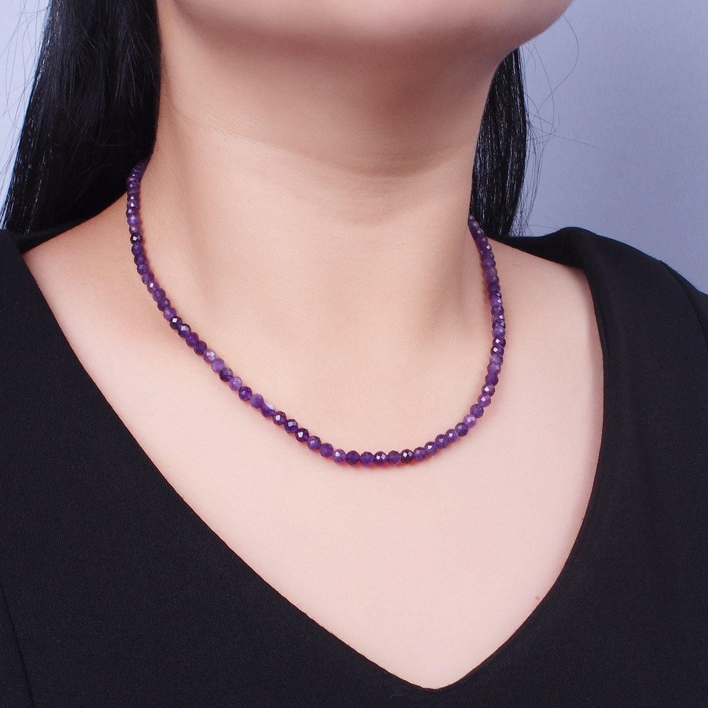 4.3mm multi-faceted rondelle purple amethyst necklace, 24k gold filled 16.5"+2.0" extender natural amethyst gemstone necklace | wa-1185