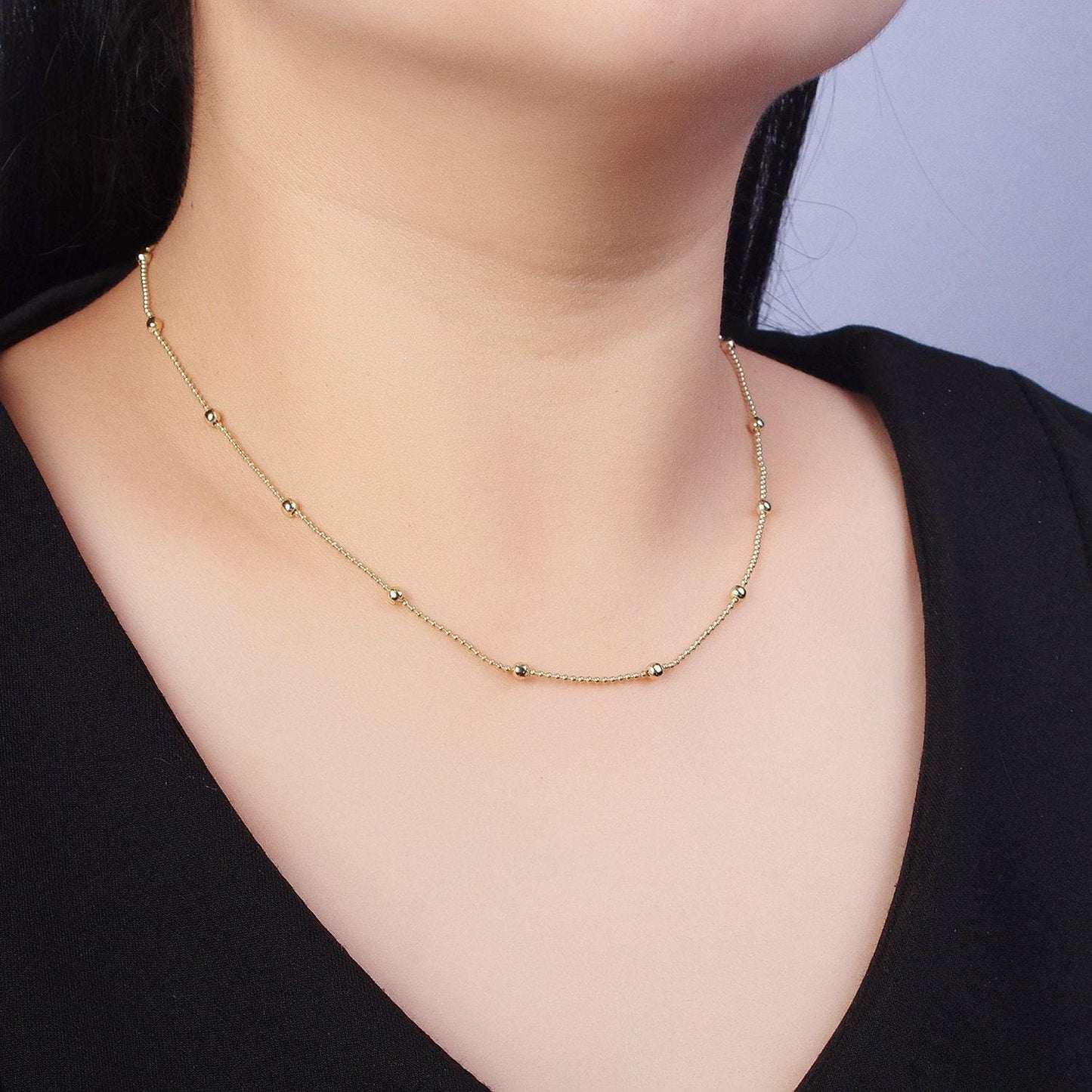 1.2mm gold satellite beaded chain necklace, 14k gold plated 18.0" ready to wear 3.0mm beads specialty chain necklace | wa-1169