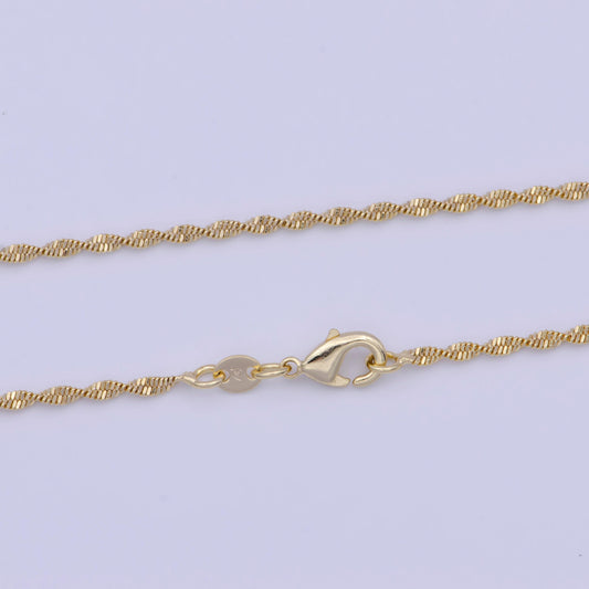 1.7mm gold singapore chain necklace, 24k gold plated 17.5" diamond cut singapore link ready to wear necklace | wa-1118