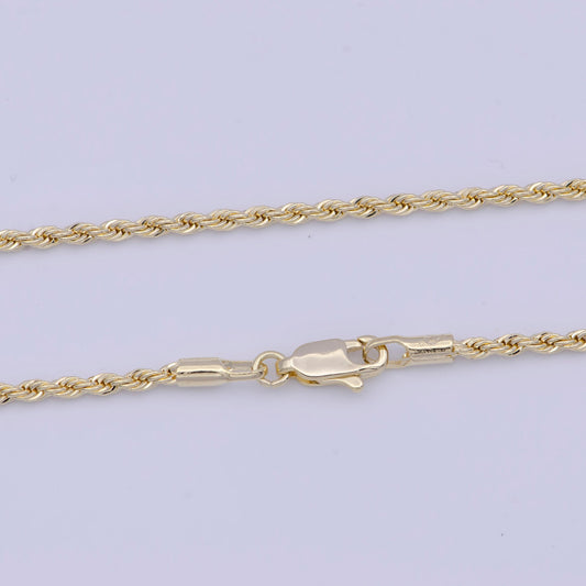 2.0mm gold twisted rope link necklace, 14k gold plated 19.0" rope chain ready to wear necklace | wa-1114