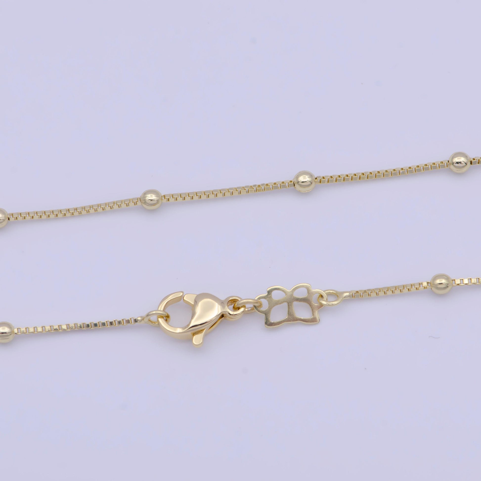 0.7mm gold satellite box chain necklace, 14k gold plated 16.0" w. 2.4mm beads satellite box link ready to wear necklace | wa-1109