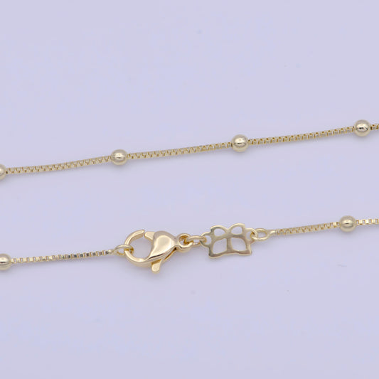 0.7mm gold satellite box chain necklace, 14k gold plated 16.0" w. 2.4mm beads satellite box link ready to wear necklace | wa-1109