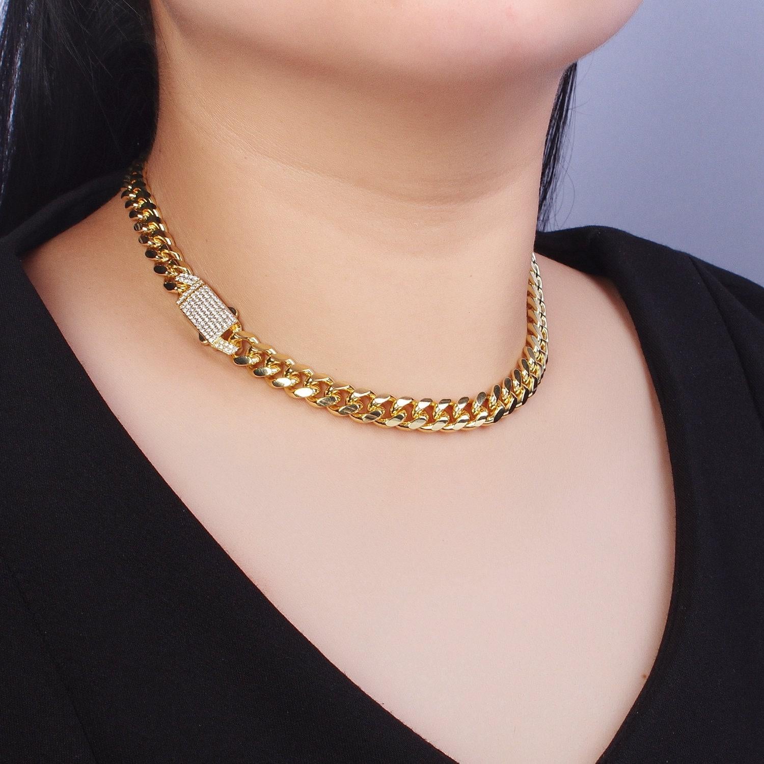 Micro paved cubic zirconia snap lock gold cuban curb choker necklace | wa-1106