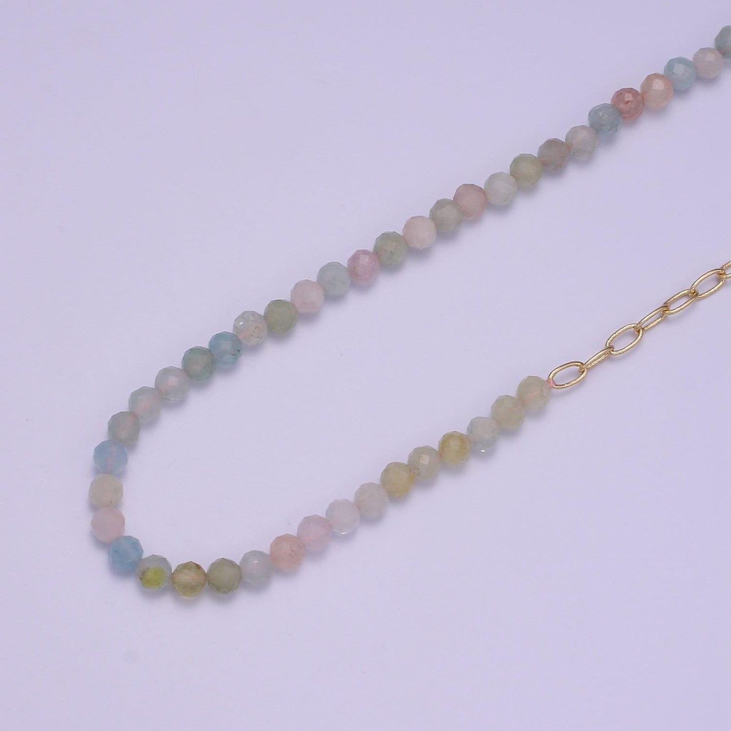 Dainty half morganite metal oval link chain necklace, beaded necklace, 18 inch necklace mix metal beaded gold chain, wa026